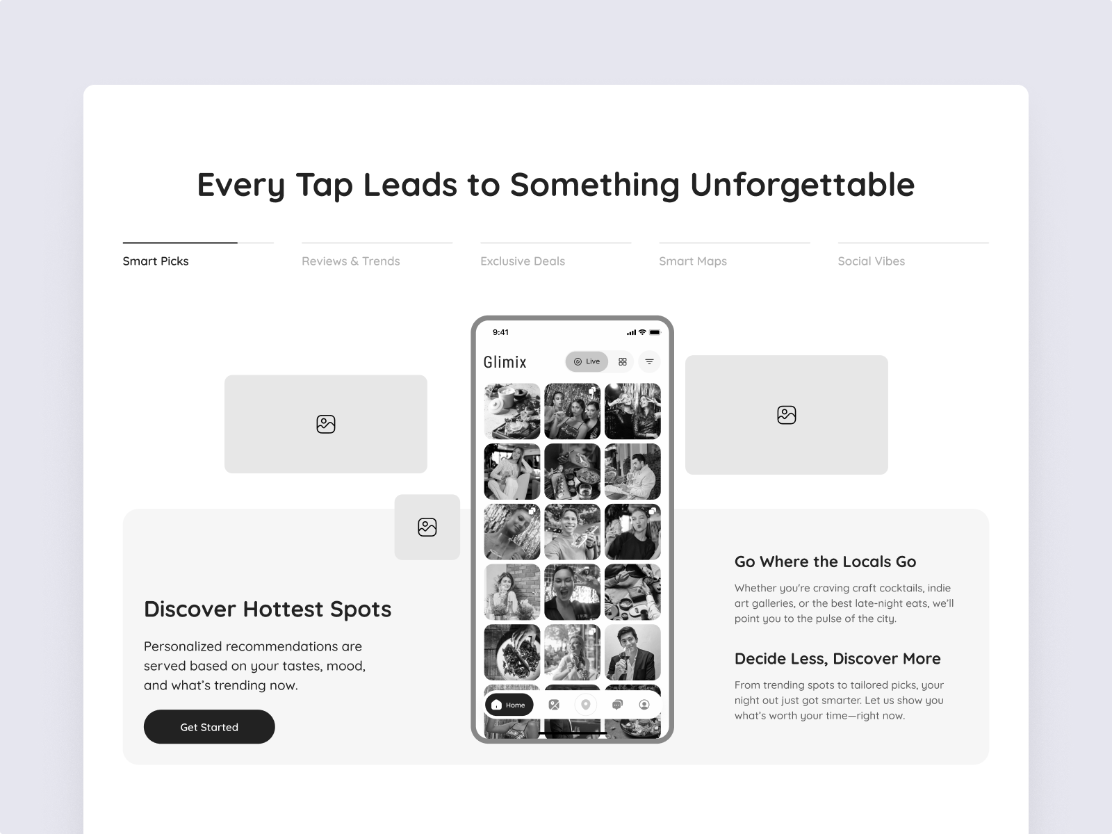 Website section titled ‘Every Tap Leads to Something Unforgettable’ with tabs and a phone mockup showing a collage-style feed.