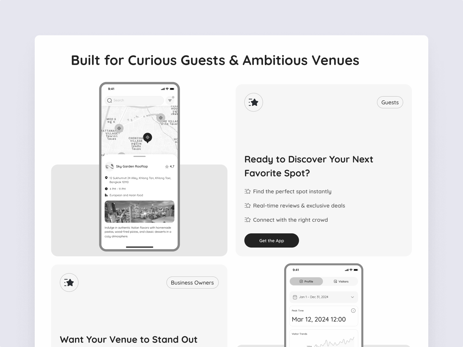 Section titled ‘Built for Curious Guests & Ambitious Venues’ with a phone map mockup and a feature card ‘Ready to Discover Your Next Favorite Spot?’ plus Get the App button.