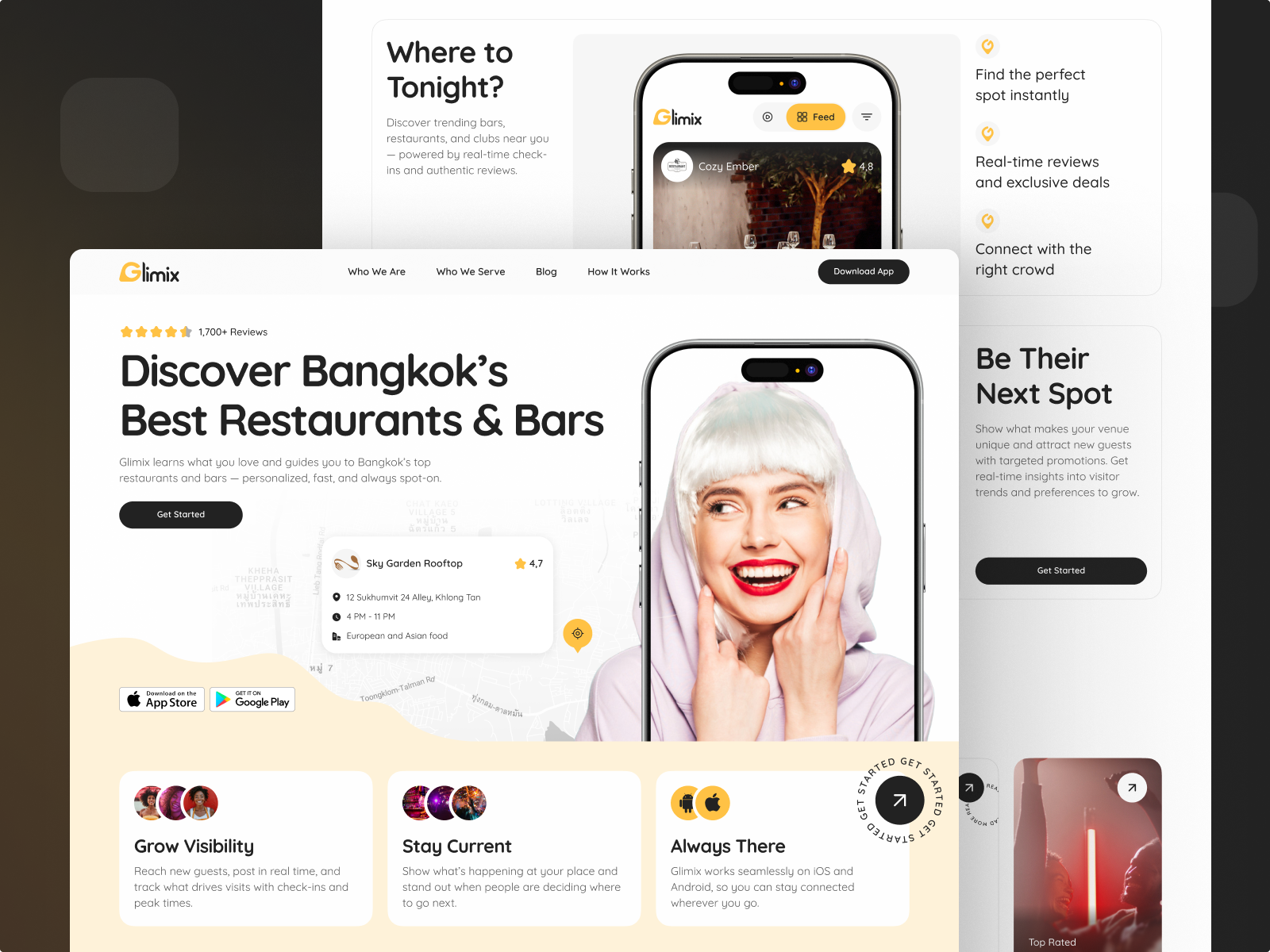Collage of Glimix website sections—hero ‘Discover Bangkok’s Best Restaurants & Bars,’ phone mockup, CTAs, and feature cards.