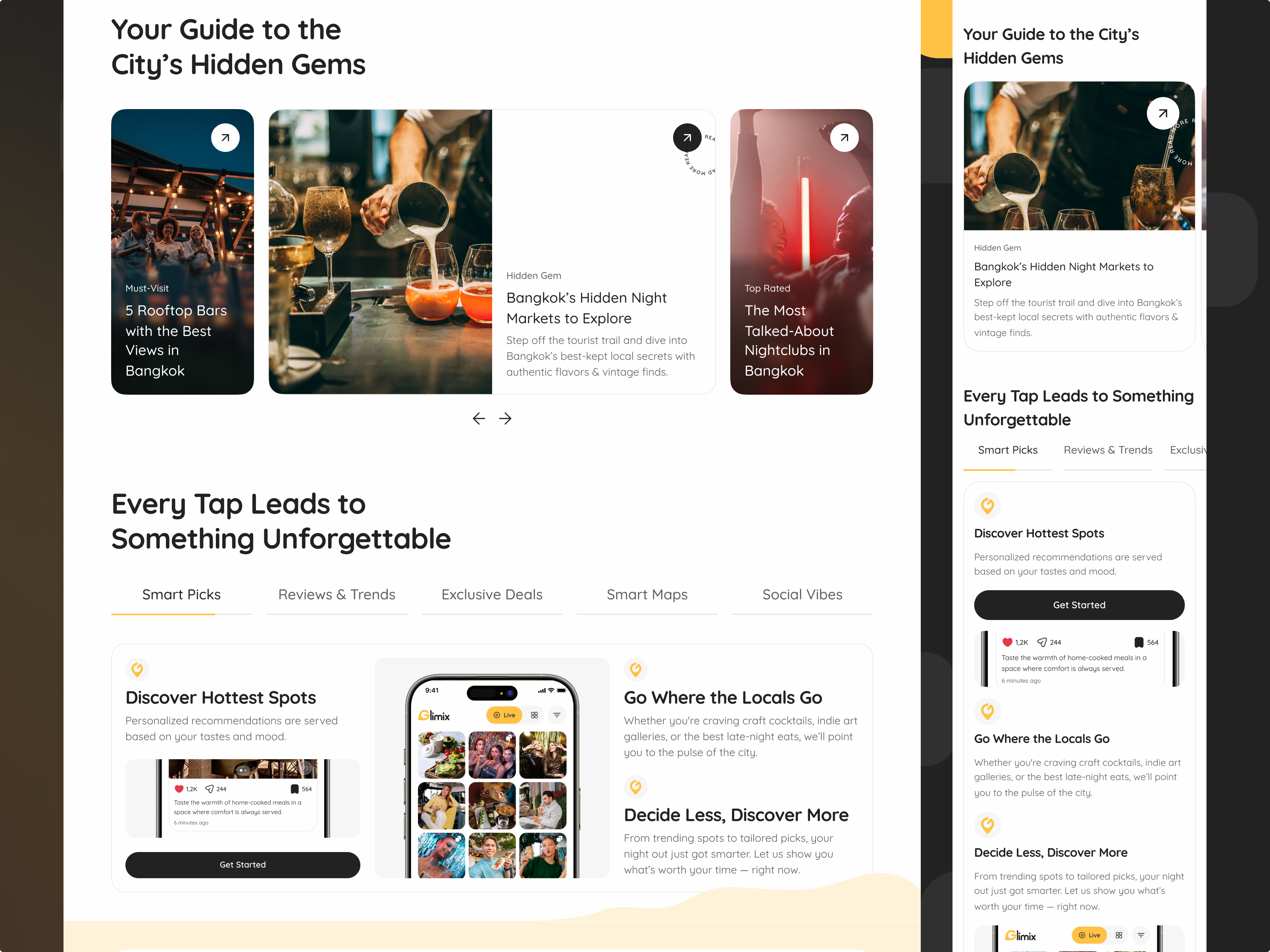 Desktop and mobile layouts of Glimix sections: ‘Your Guide to the City’s Hidden Gems’ carousel and ‘Every Tap Leads to Something Unforgettable’ feature block.