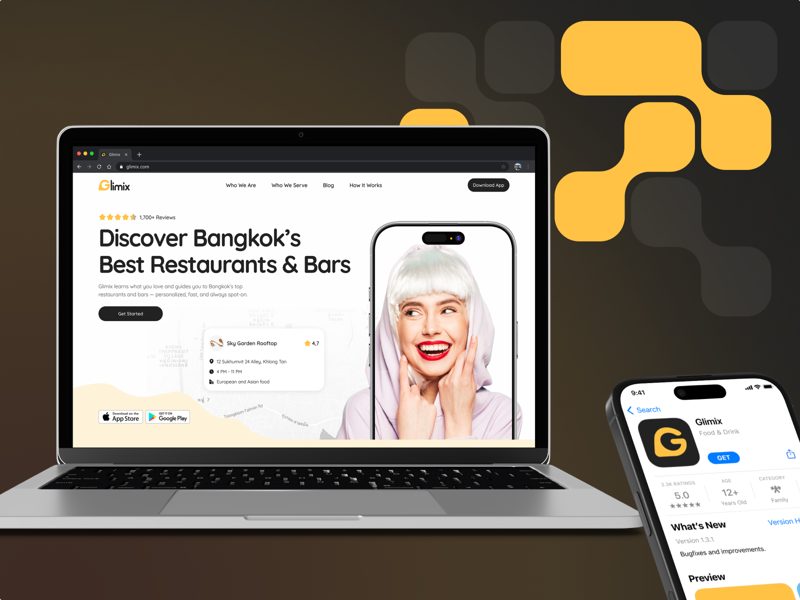 Laptop showing the Glimix homepage and a smartphone with the App Store listing, on a dark background with yellow rounded shapes.