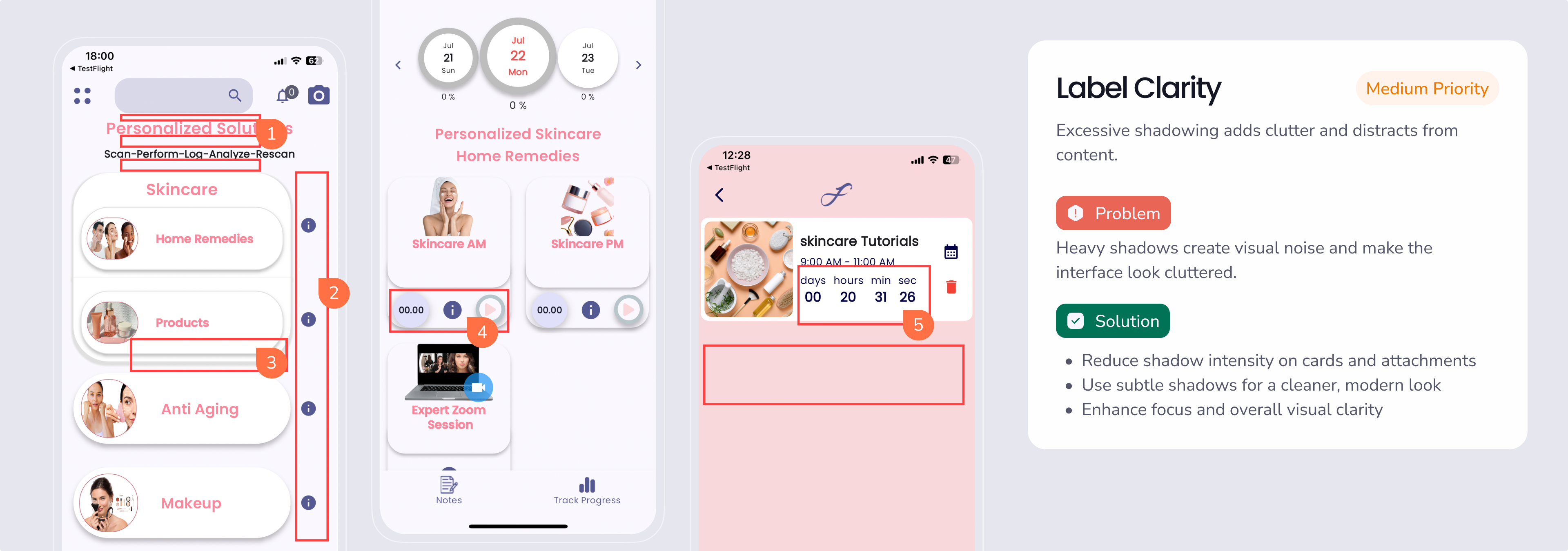 Forever Beauty mobile app UI screens showing personalized skincare solutions, AI beauty report, daily routines, and makeup selection interface