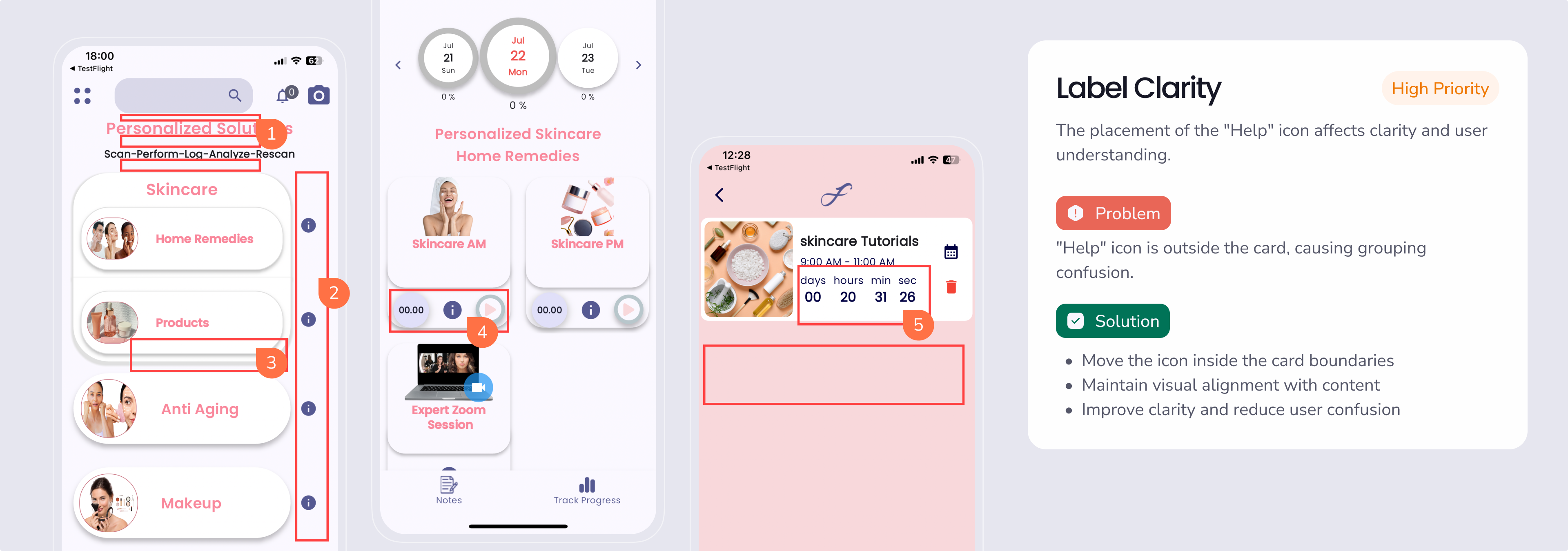 Forever Beauty mobile app UI screens showing personalized skincare solutions, AI beauty report, daily routines, and makeup selection interface