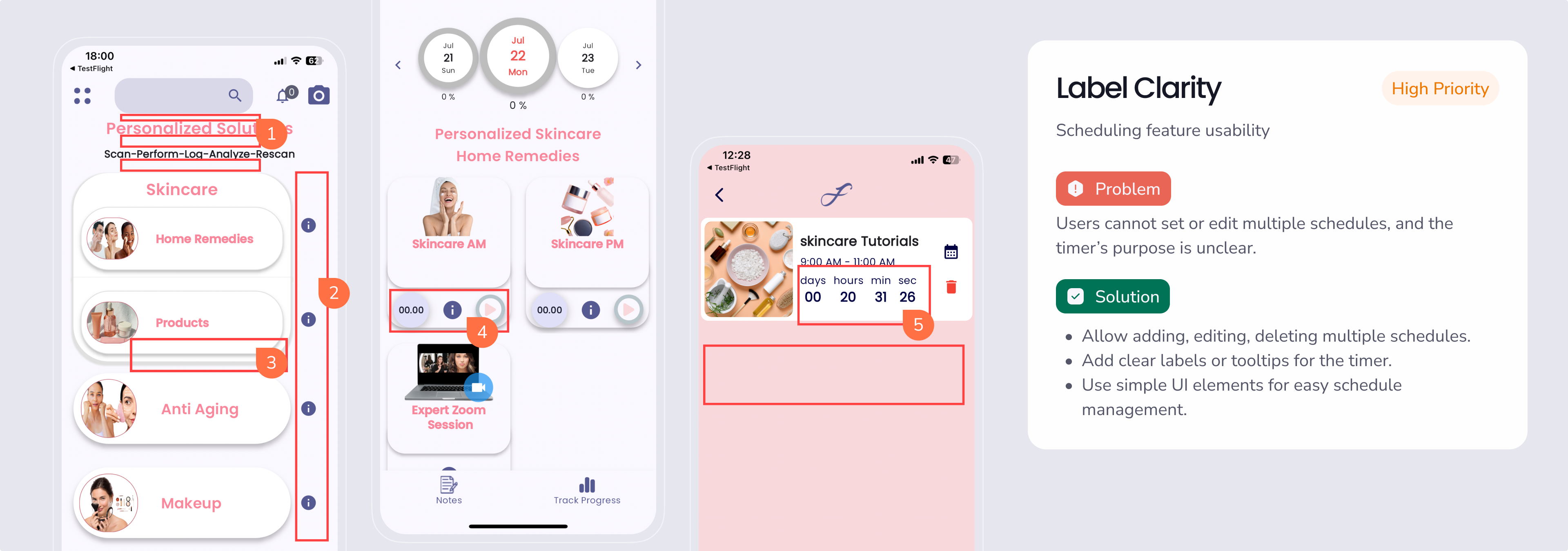 Forever Beauty UI audit slides — highlighting problems and solutions in label clarity, spacing, button hierarchy, and schedule usability.