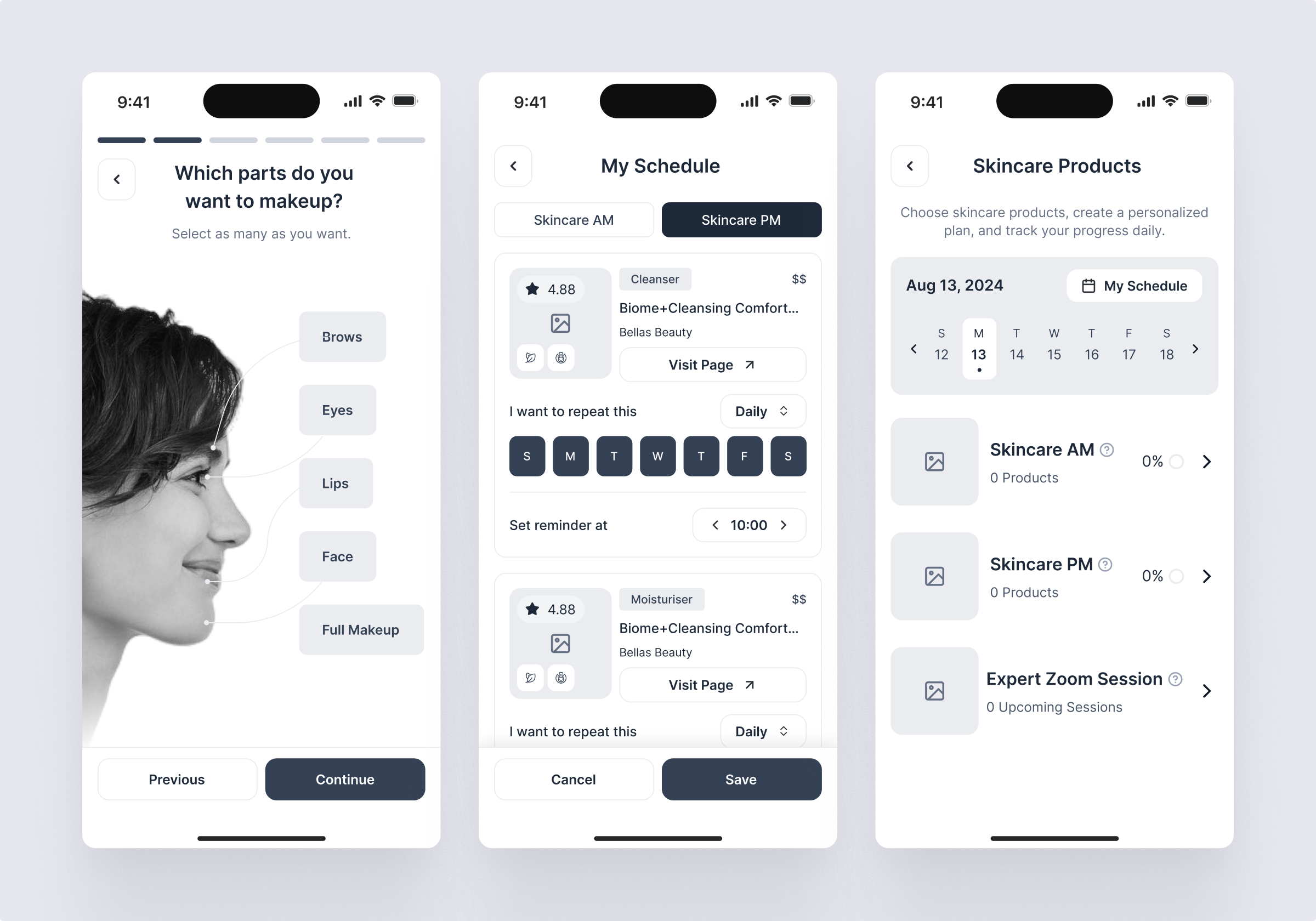 Forever Beauty skincare app user flow — home screen navigation, menu structure, and skincare home remedies section