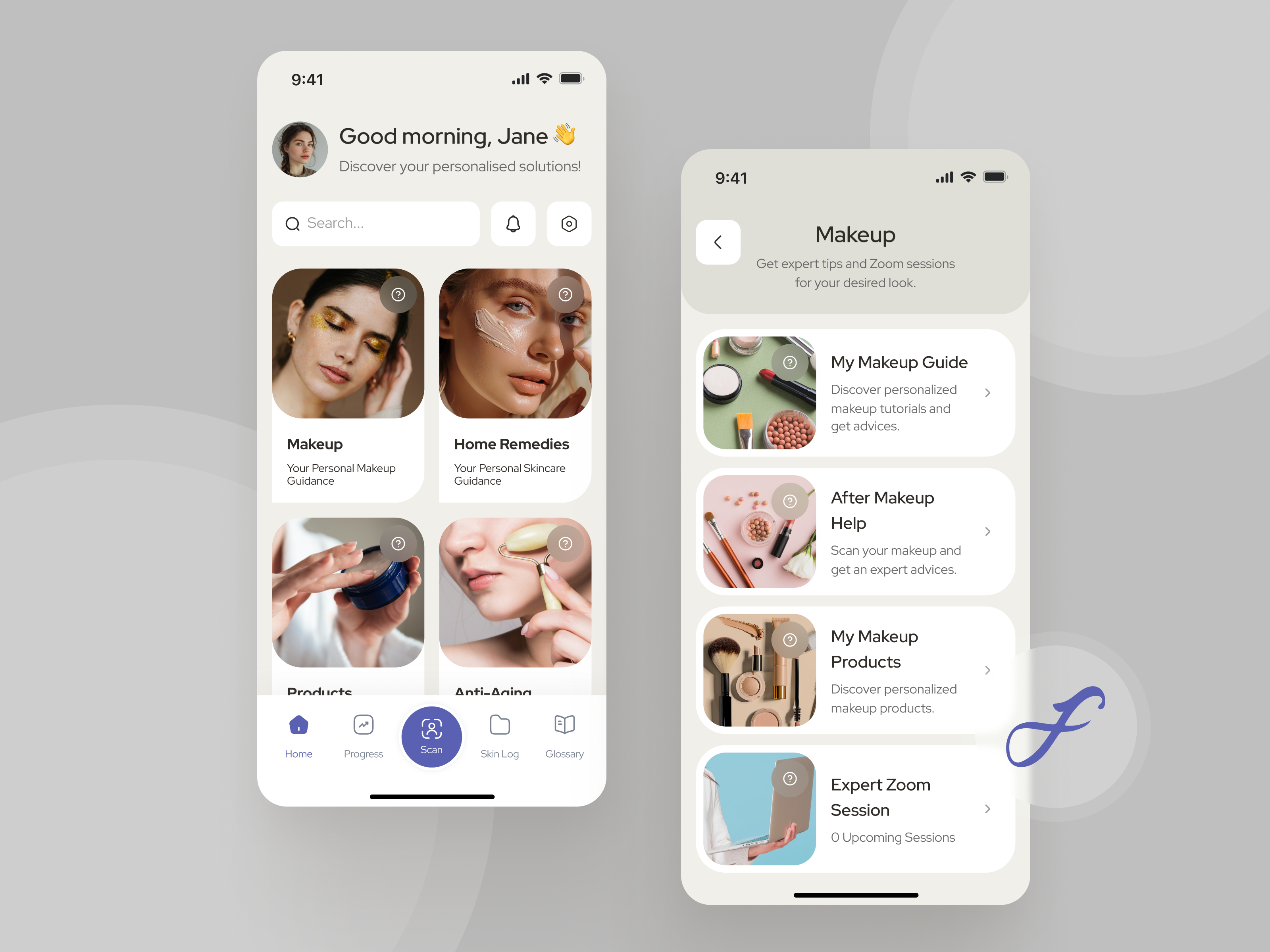 Skincare app home screen and makeup guide navigation showcasing product categories and tutorials