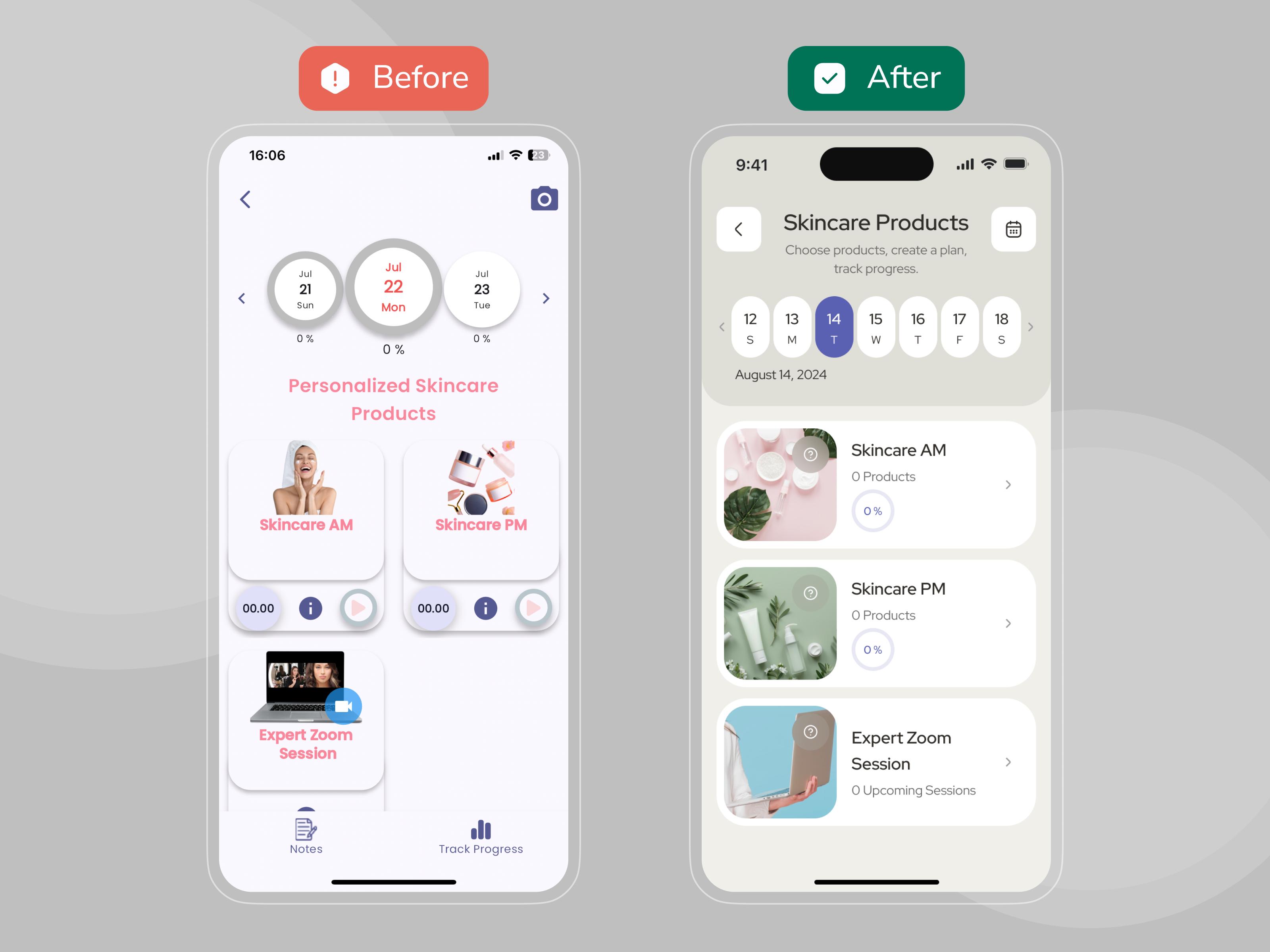 Before and after redesign of skincare products scheduling screen with cleaner layout and progress tracking