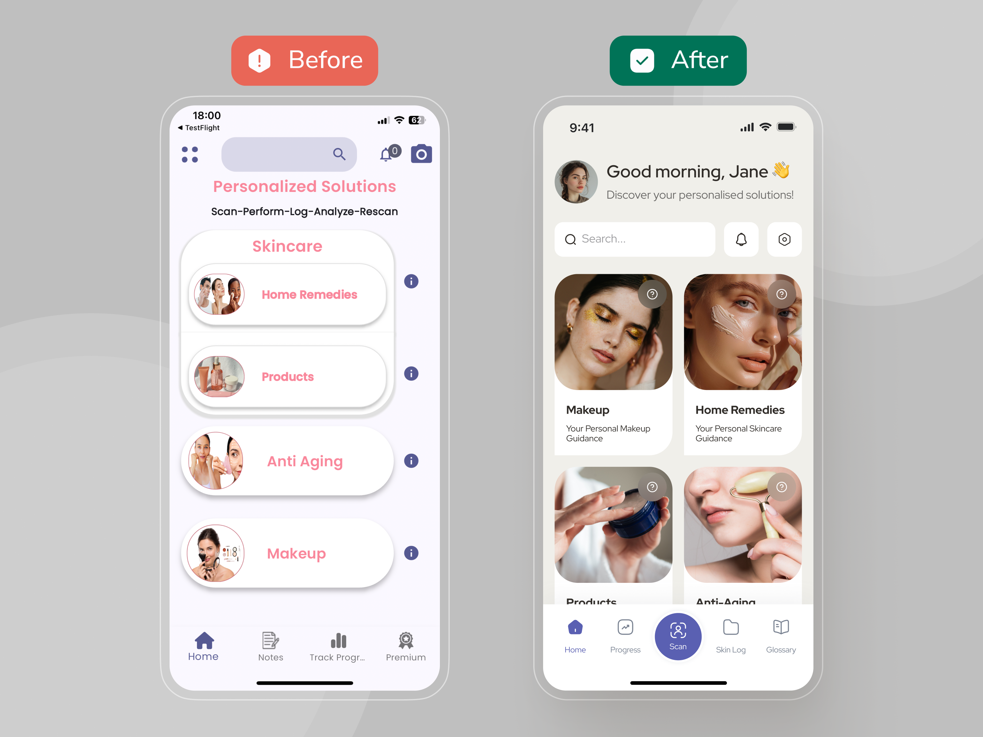 Before and after redesign of skincare app home screen showing personalized solutions and modernized UI
