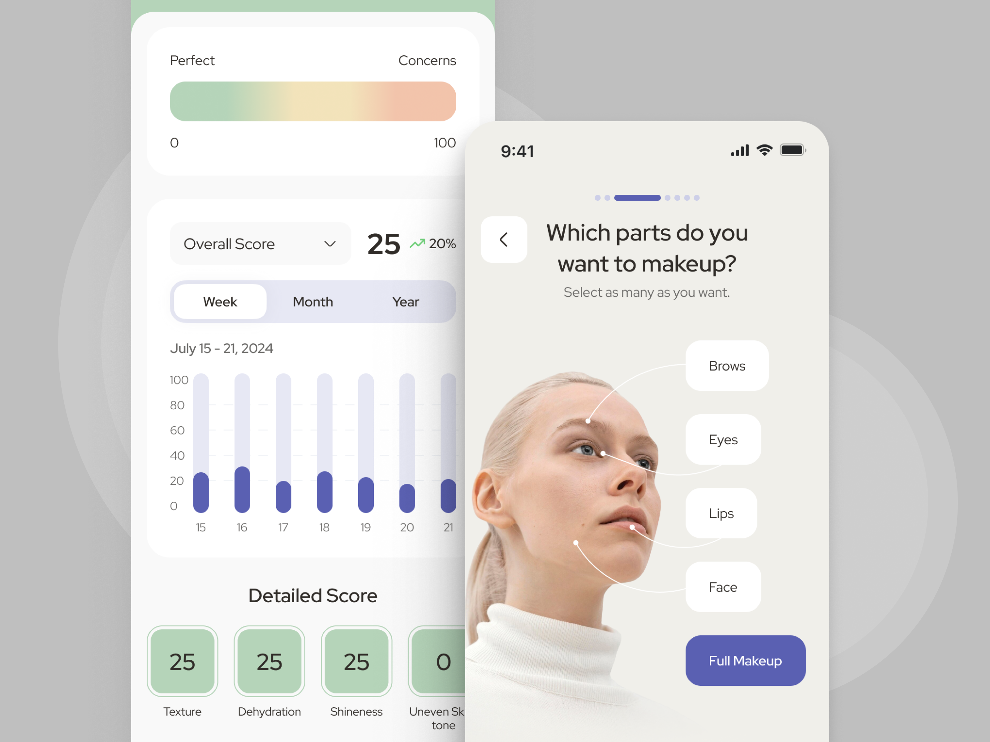 Beauty report and makeup selection screen with AI analysis and personalized options