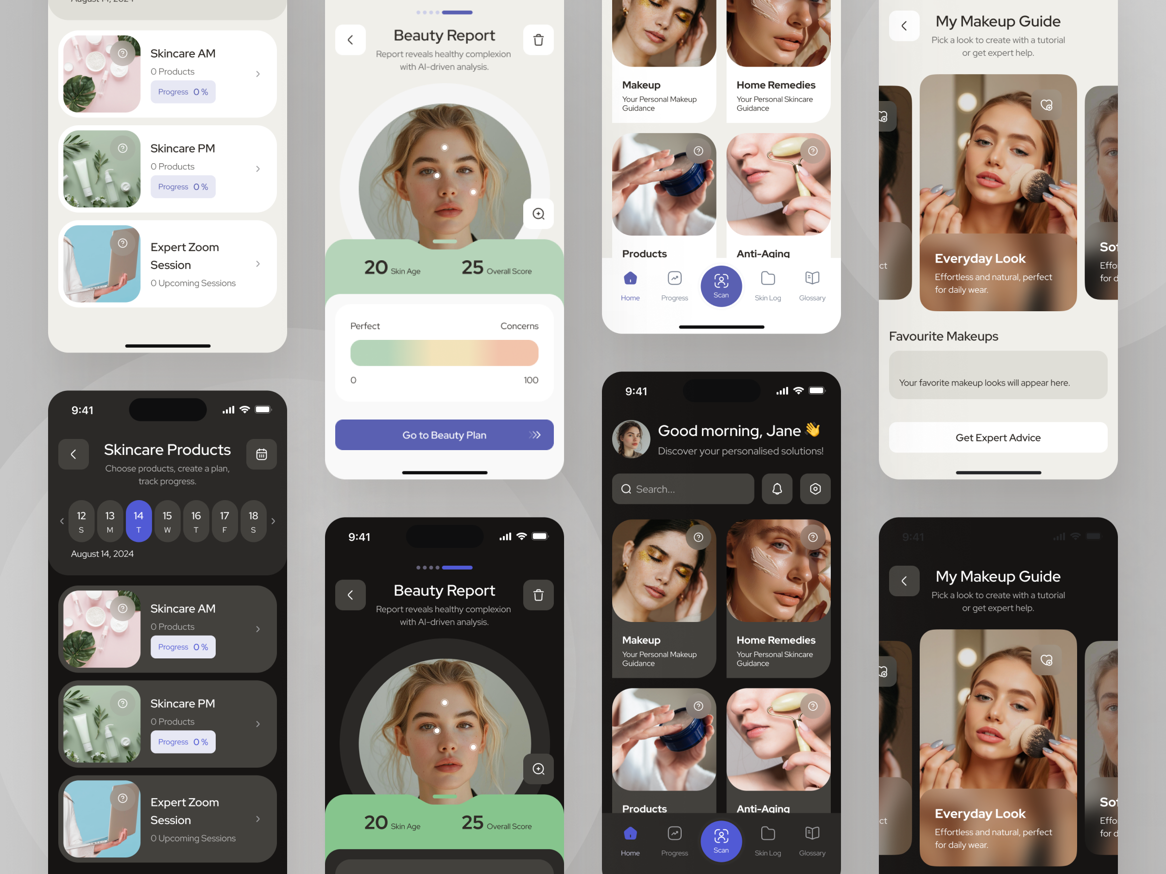 Skincare app dark mode and light mode screens showing beauty report, product plans, and makeup guides