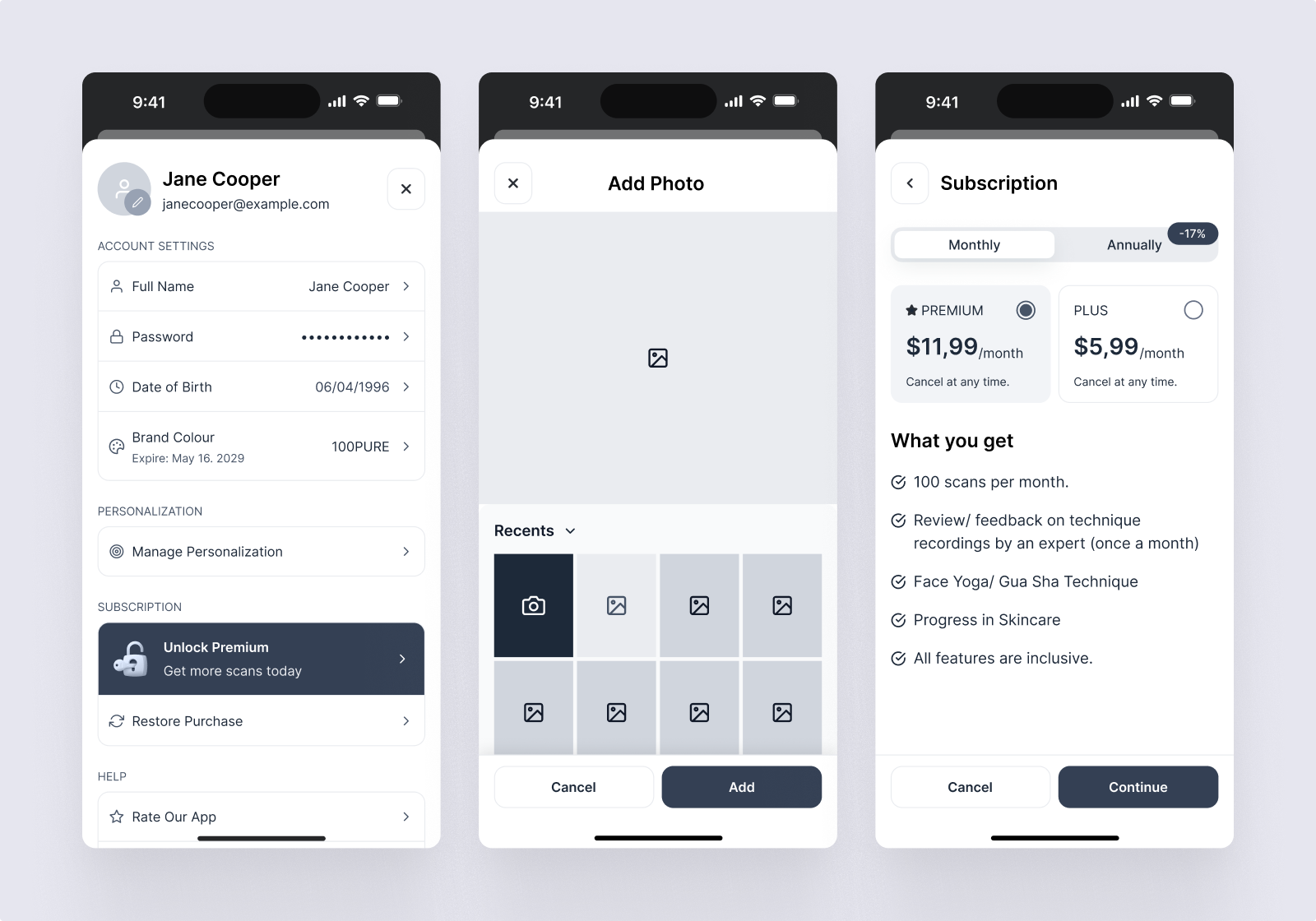 Forever Beauty skincare app user flow — detailed skincare home remedies screens with progress tracking and product guidance