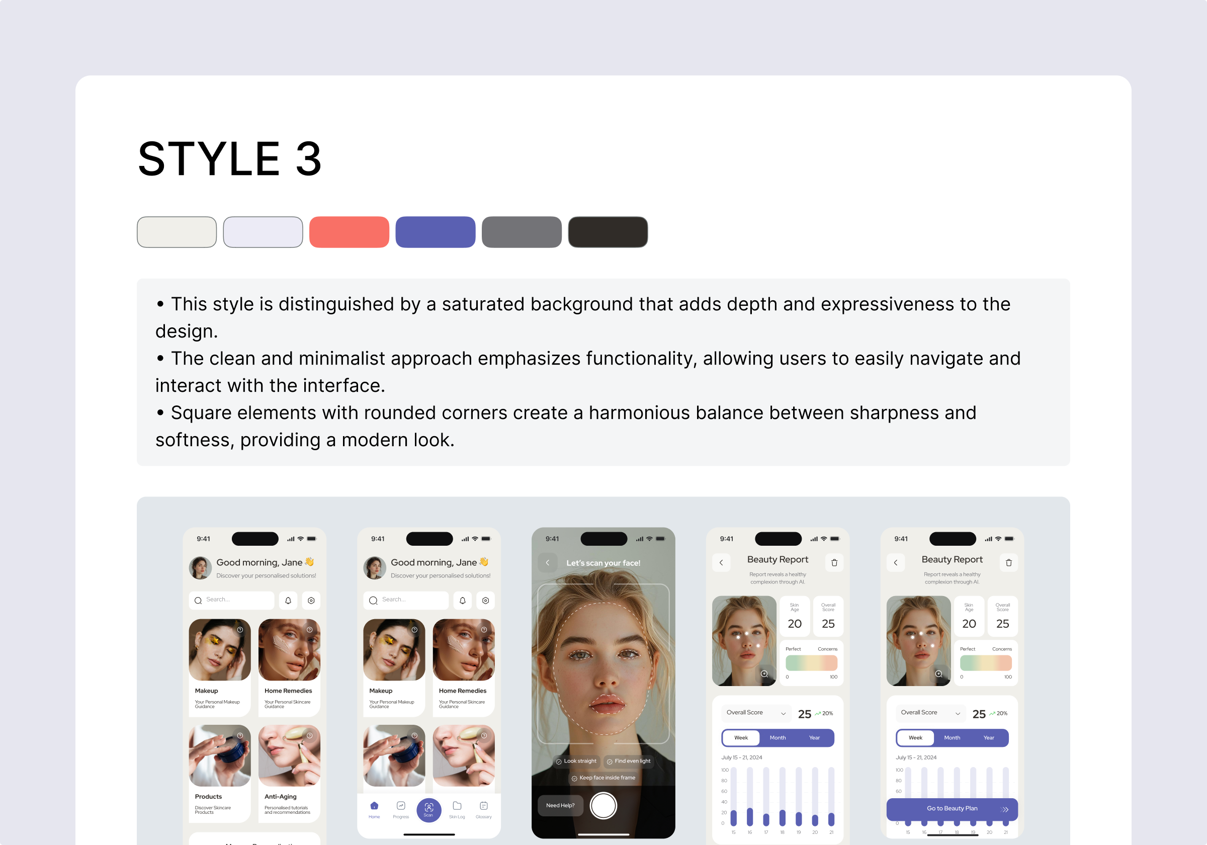 Skincare app UI — minimalist layout with saturated backgrounds, square elements, and clean modern look