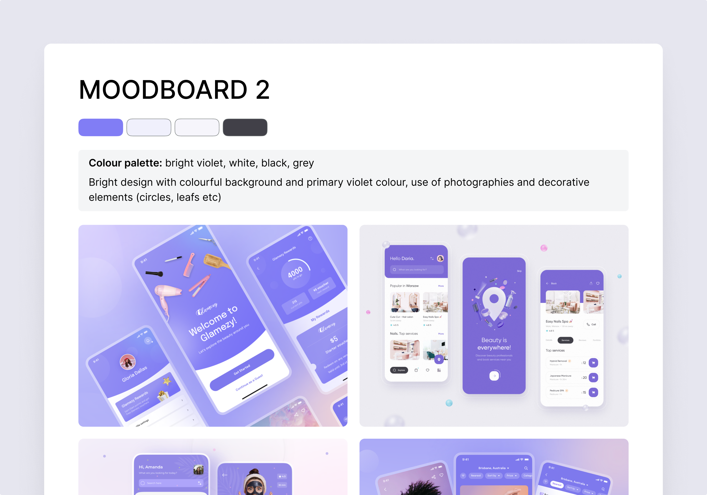 Beauty app UI moodboard — violet branding, colorful backgrounds, decorative circles and photography elements