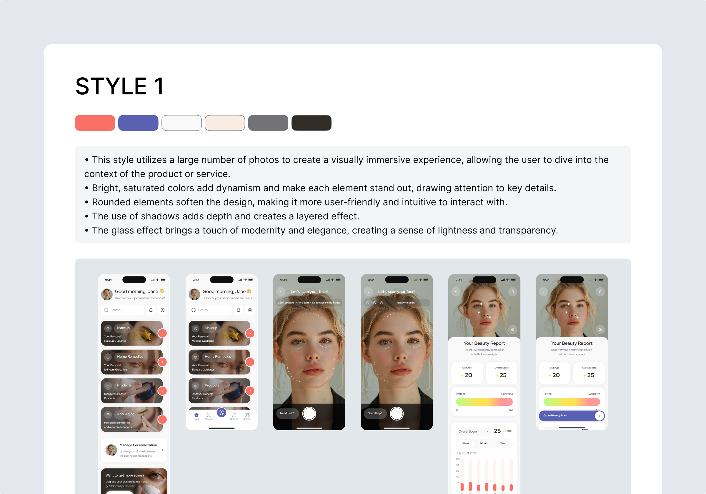 Skincare app UI — immersive photo-based design with bright colors, rounded elements, shadows, and glass effect