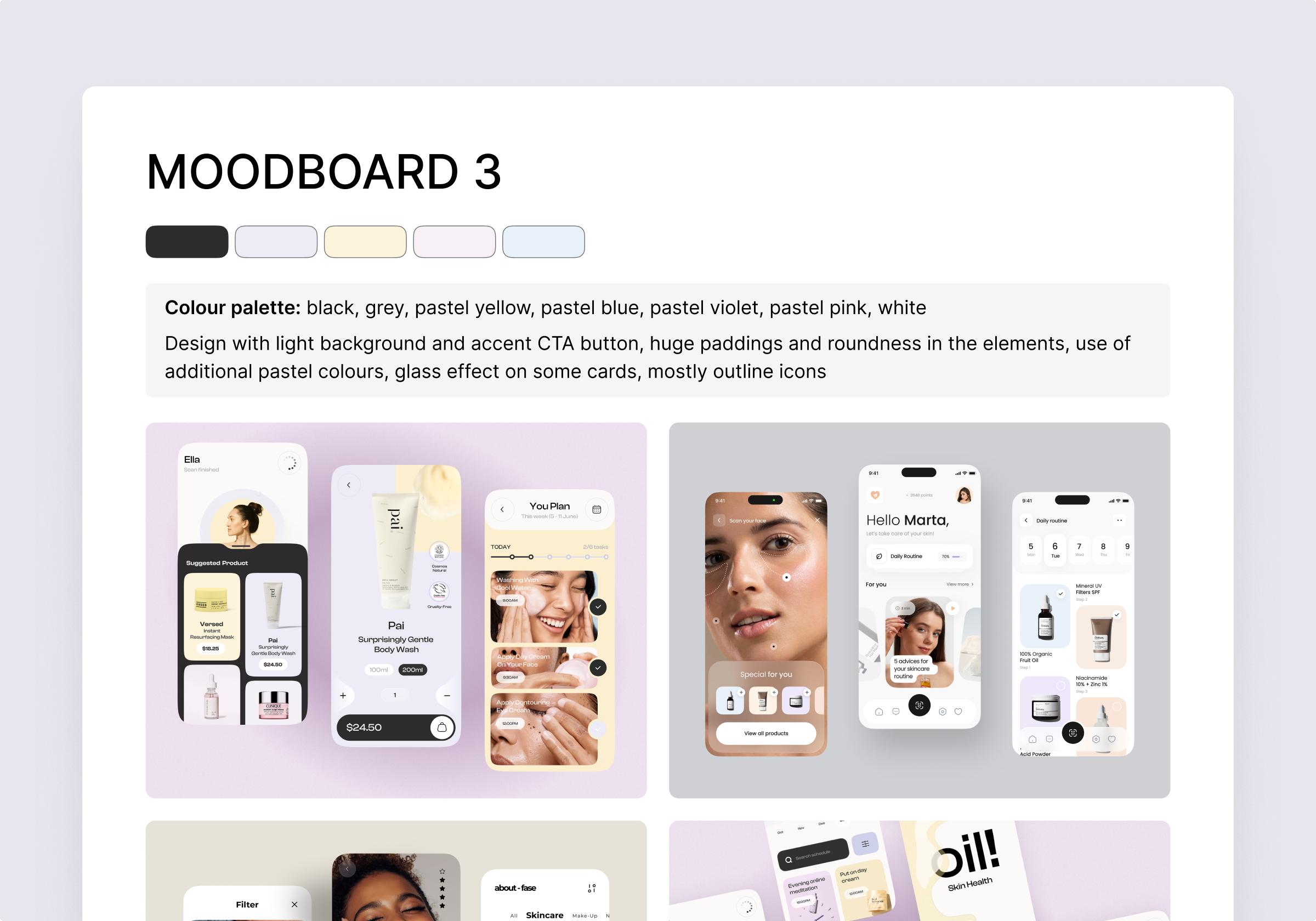Cosmetic app UI moodboard — pastel color palette with glass effect cards, large paddings, and rounded buttons