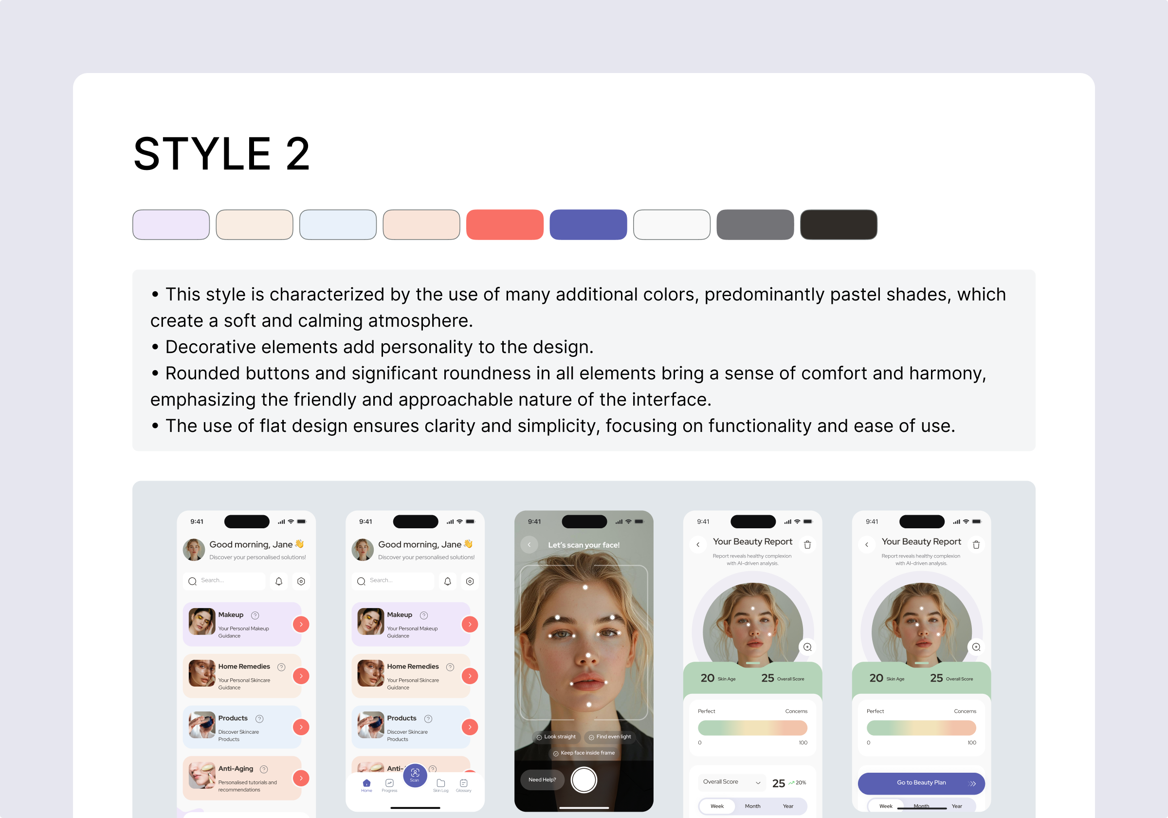Skincare app UI — pastel color flat design with soft rounded buttons and friendly interface
