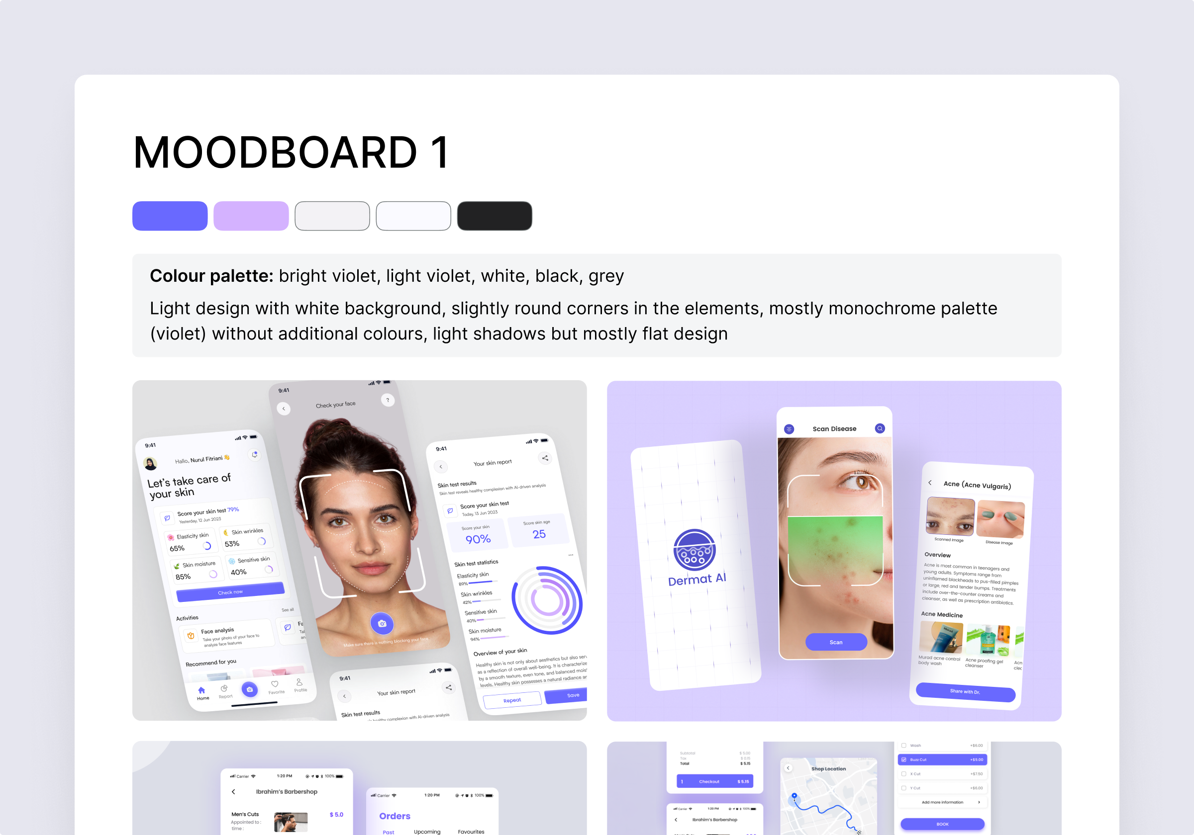 Dermatology AI app UI moodboard — violet monochrome palette, flat design with light shadows and round corners