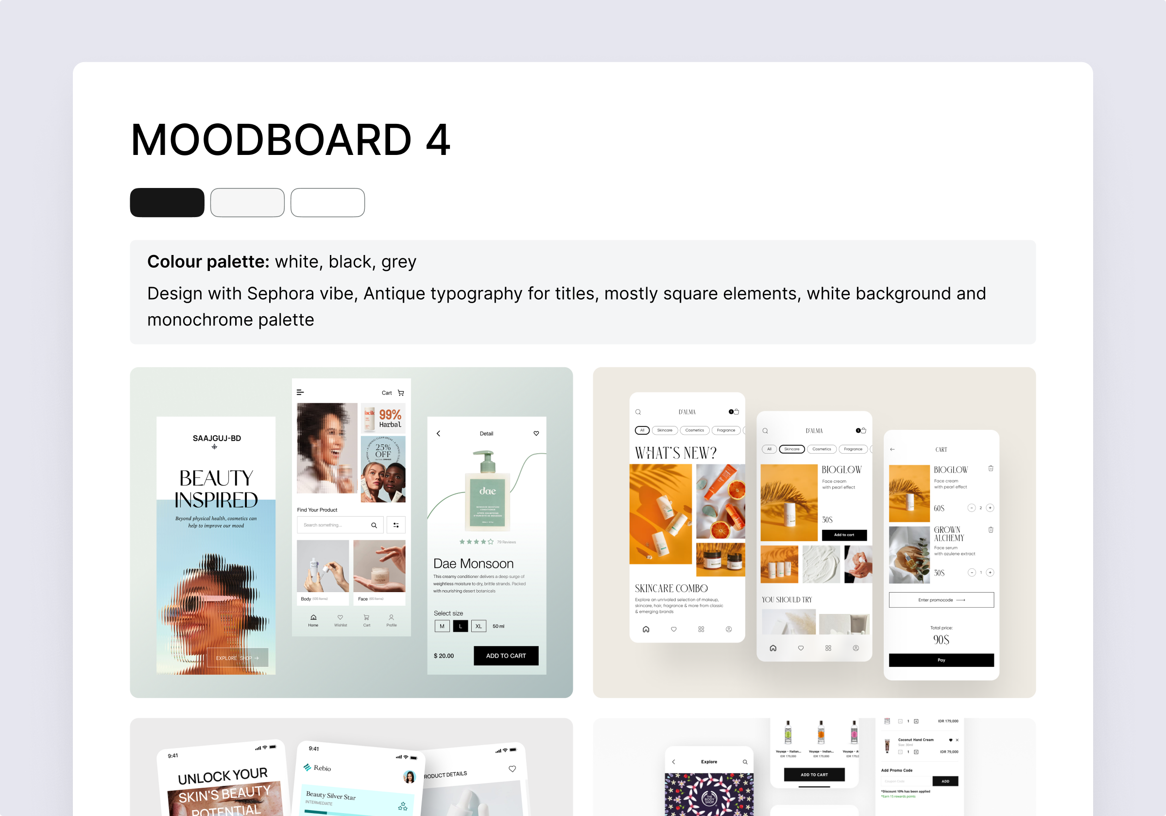 Sephora-inspired beauty app UI moodboard — monochrome palette with antique typography and square elements
