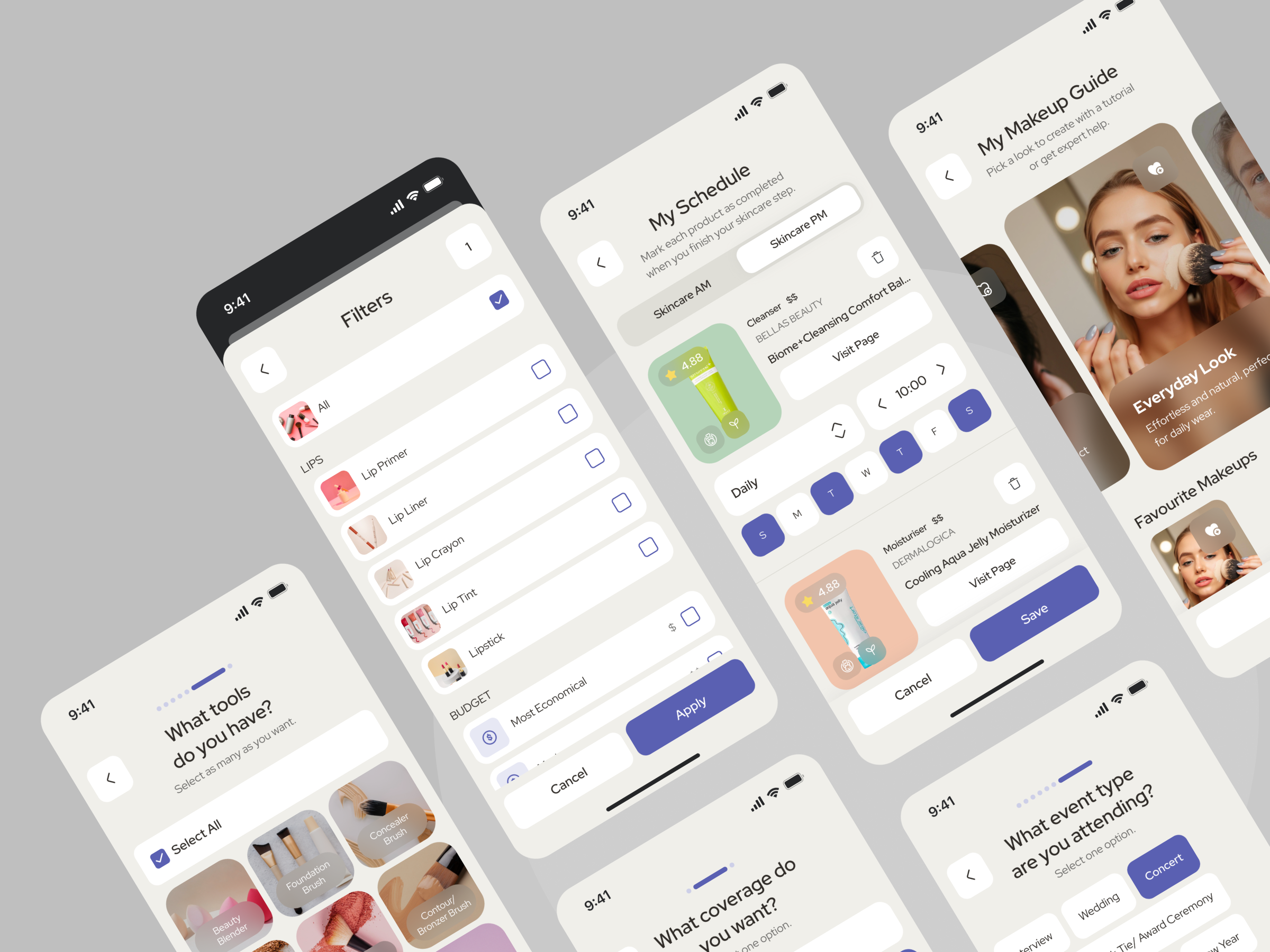 Filters, skincare schedule, and makeup guide screens with personalized user options