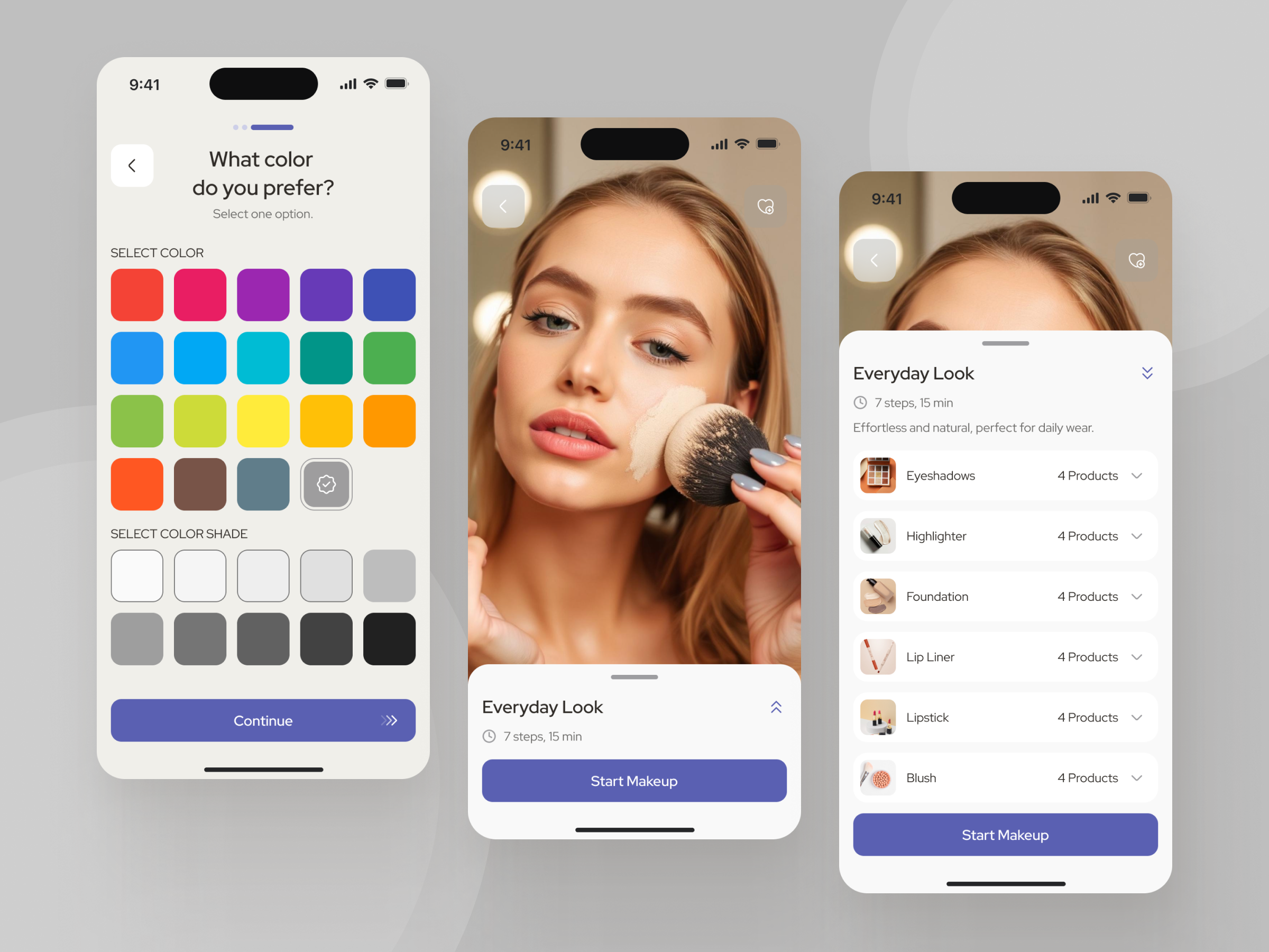 Color preference selection and everyday makeup look tutorial screens