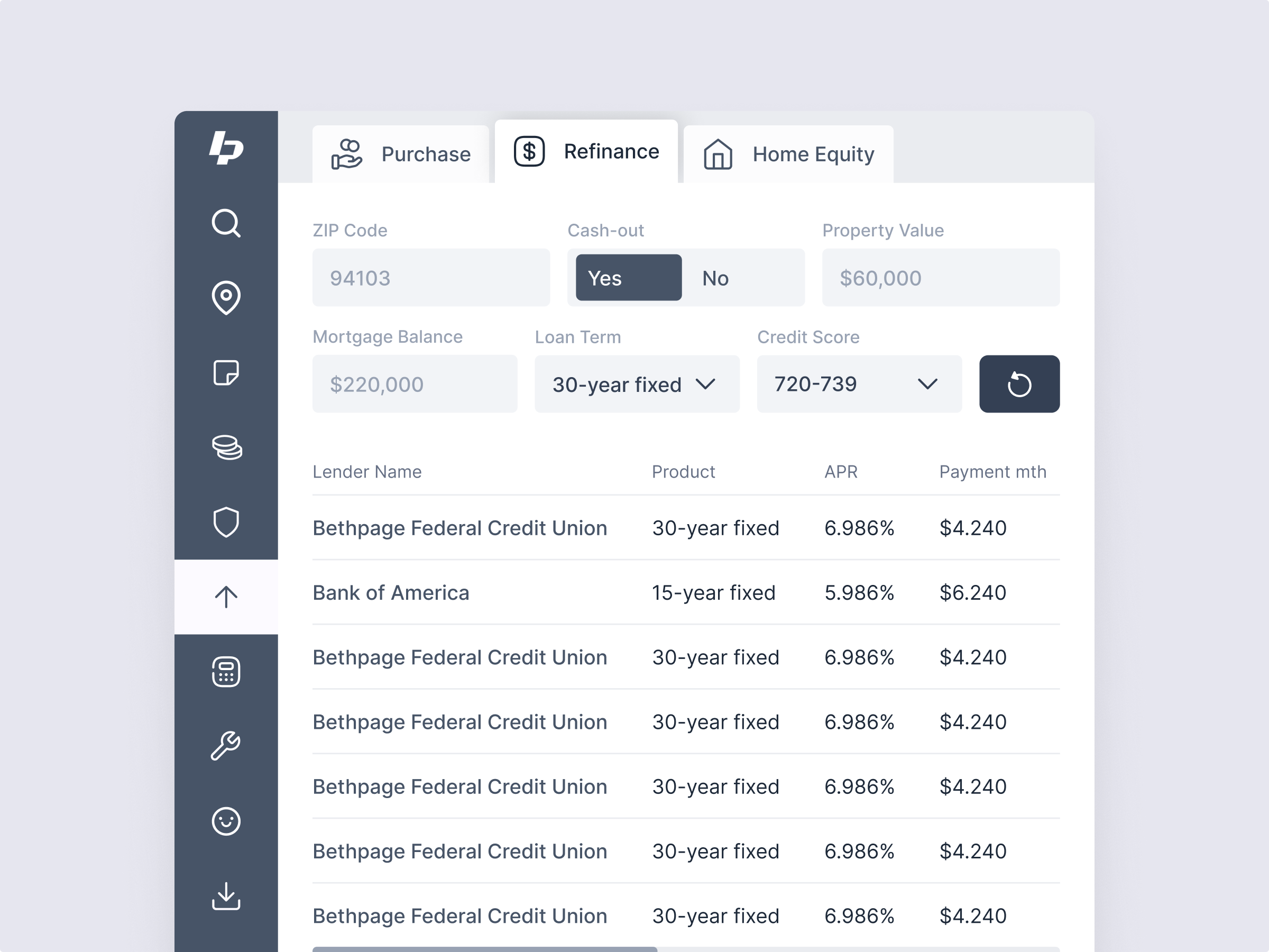 LenderPal mortgage refinance calculator with inputs for ZIP code, loan balance, term, and credit score, displaying bank offers with rates and monthly payments