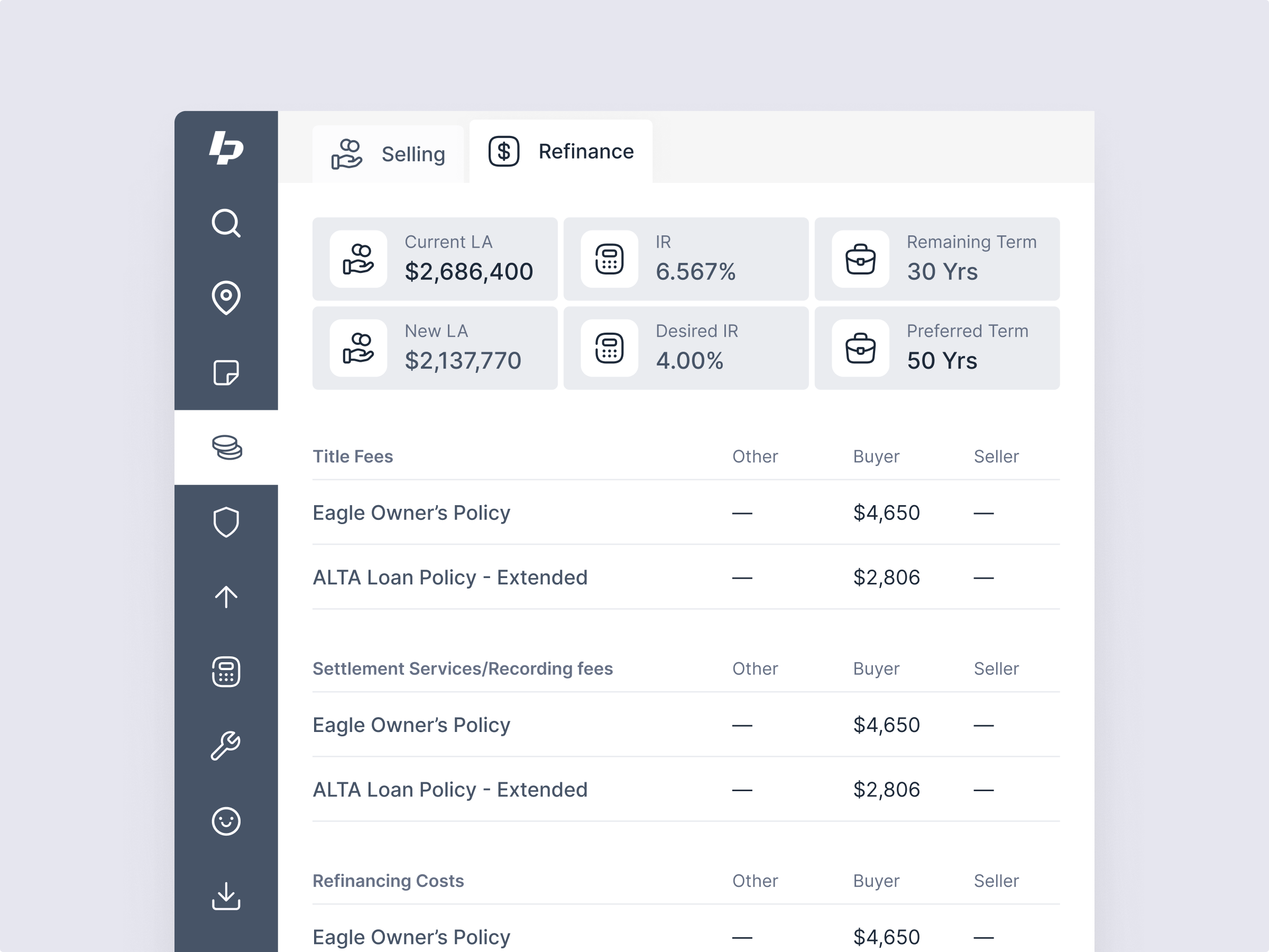 LenderPal refinance cost calculator displaying title fees, loan policies, settlement services, and refinancing costs for buyers and sellers