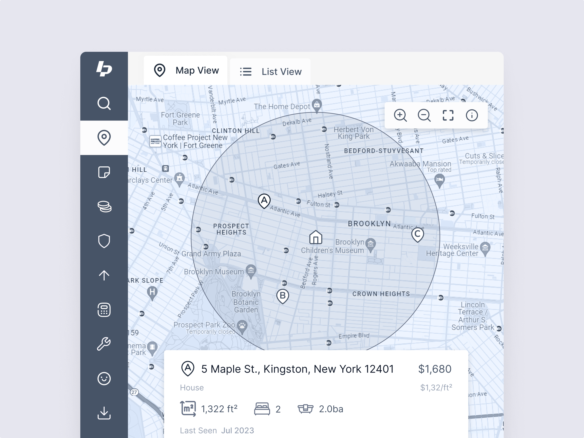LenderPal interactive map showing available properties in Brooklyn area with price, size, and location details