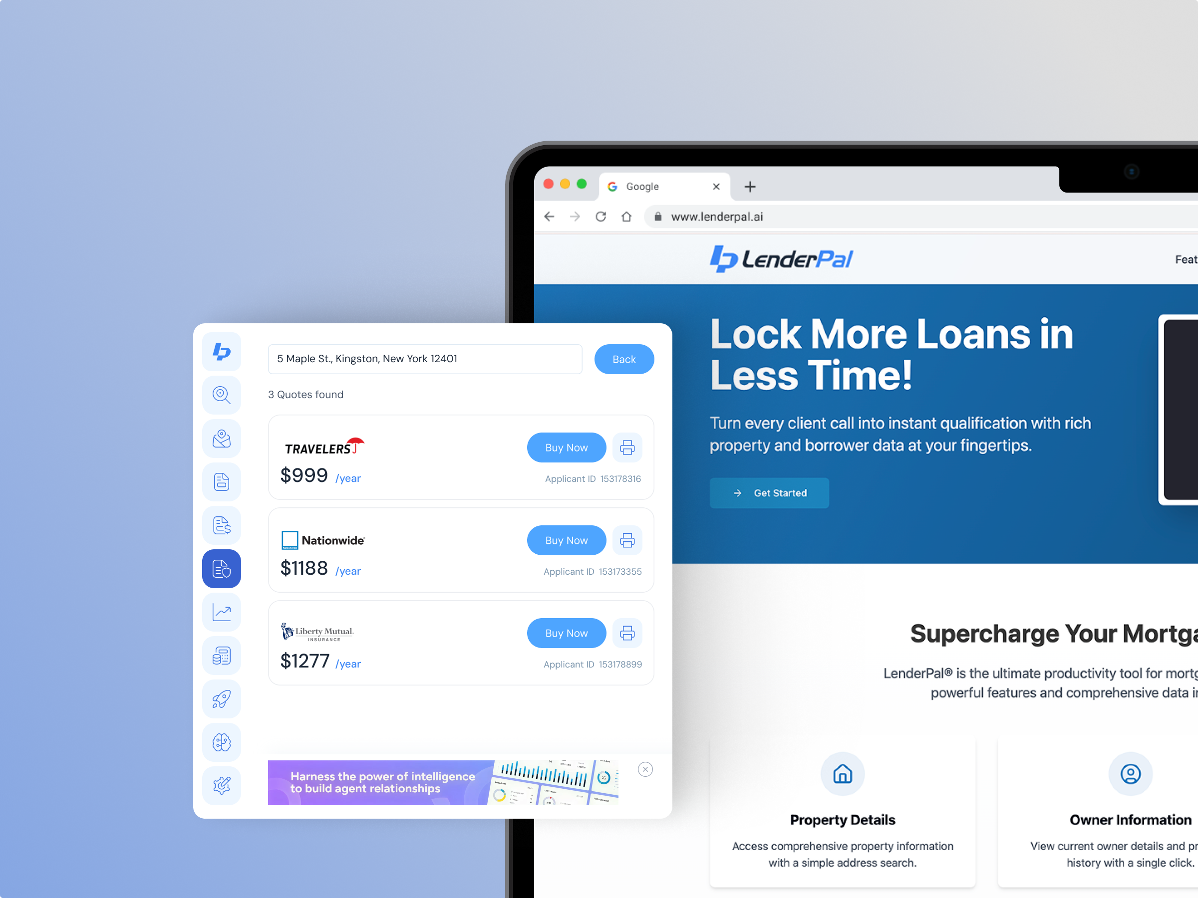 LenderPal insurance quotes interface with options from Travelers, Nationwide, and Liberty Mutual alongside main website landing page