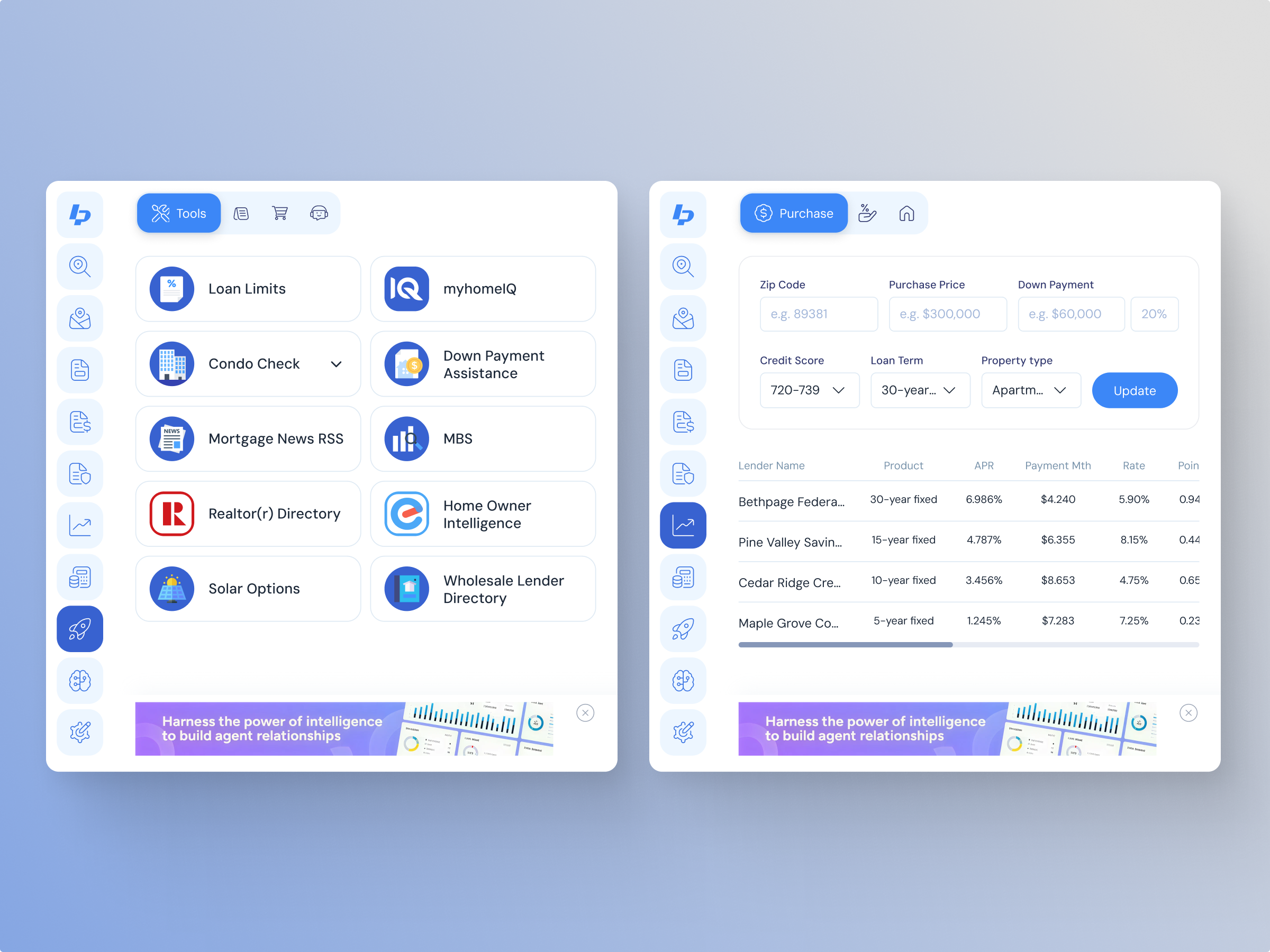 LenderPal app UI showing tools directory and purchase loan calculator with mortgage rates