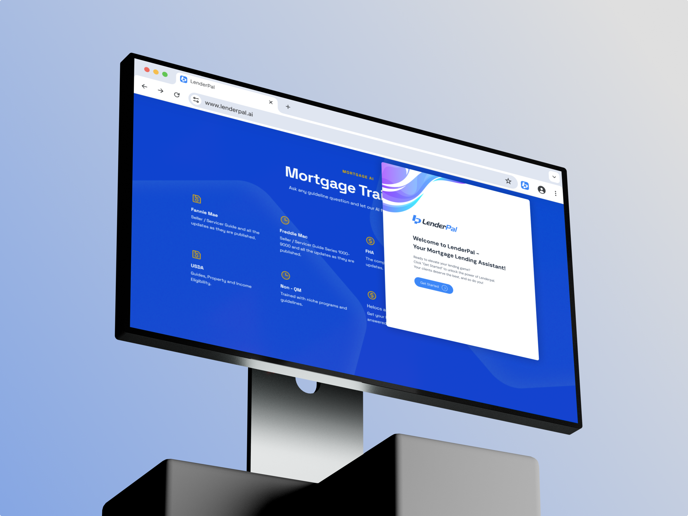 Desktop monitor showing LenderPal mortgage assistant welcome screen and loan guideline interface