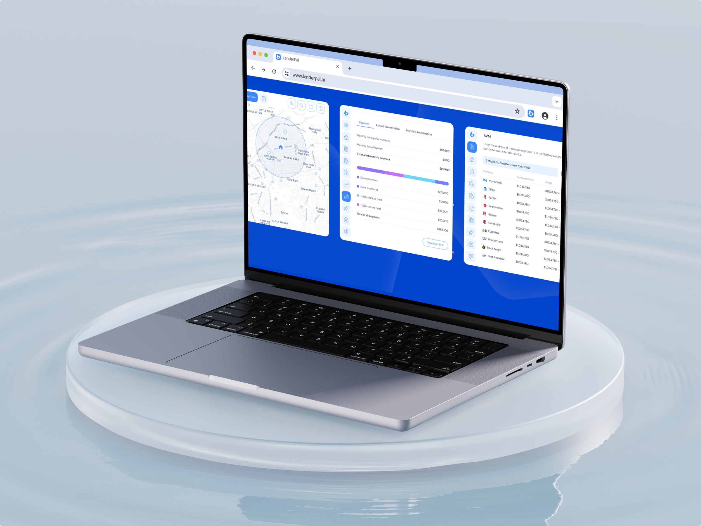 Laptop mockup displaying LenderPal mortgage dashboard with map view, loan details, and property listings