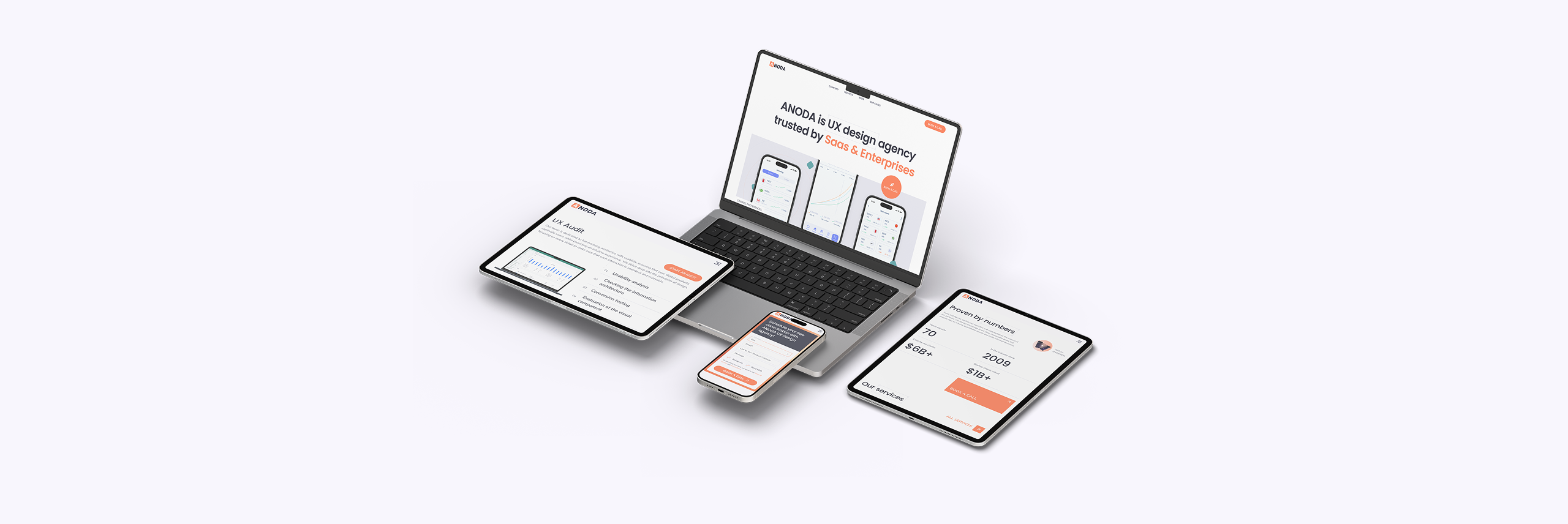 A laptop, tablet, and phone arranged on a white surface, showcasing digital devices for UX design exploration.