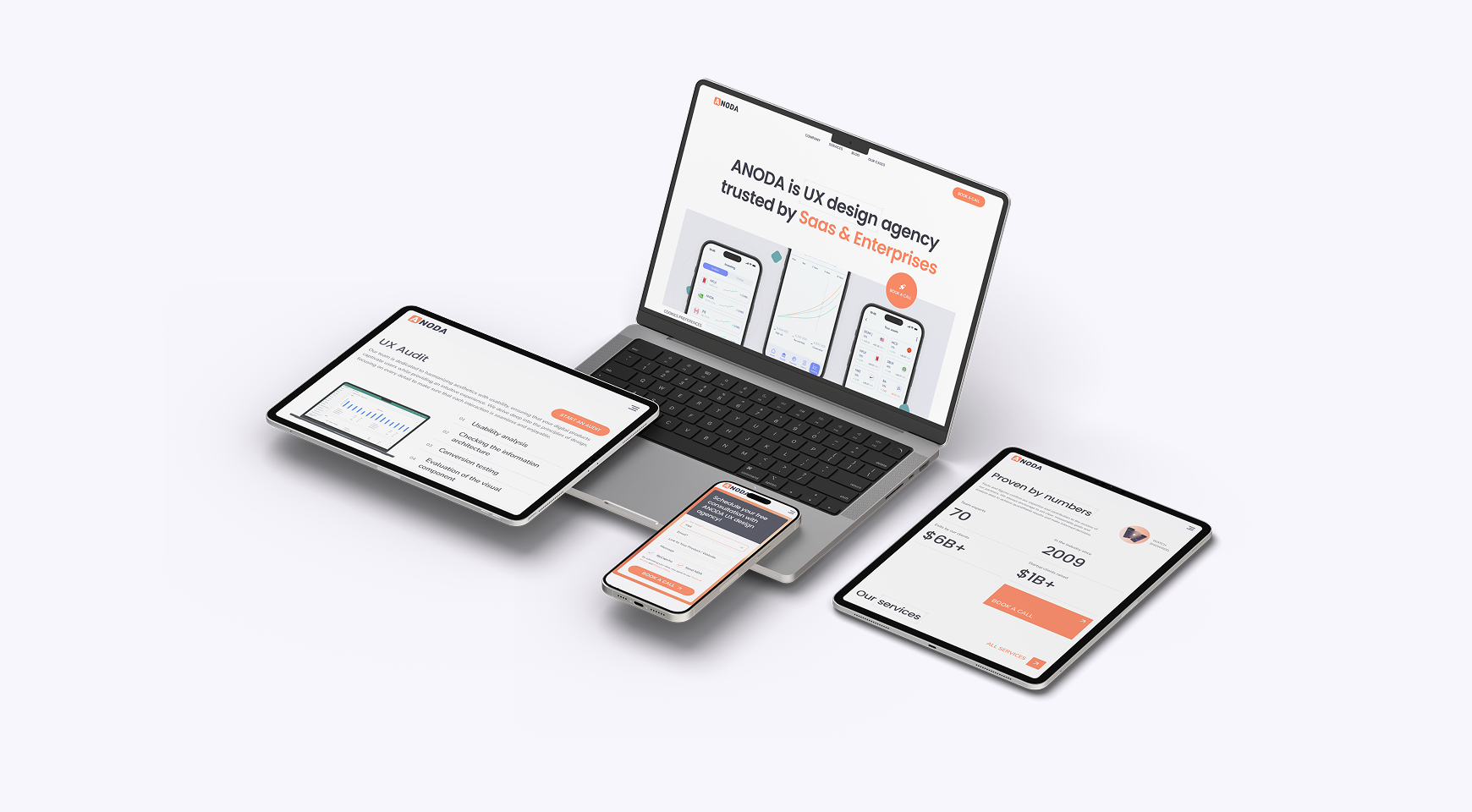 A laptop, tablet, and phone arranged on a white surface, showcasing digital devices for UX design exploration.