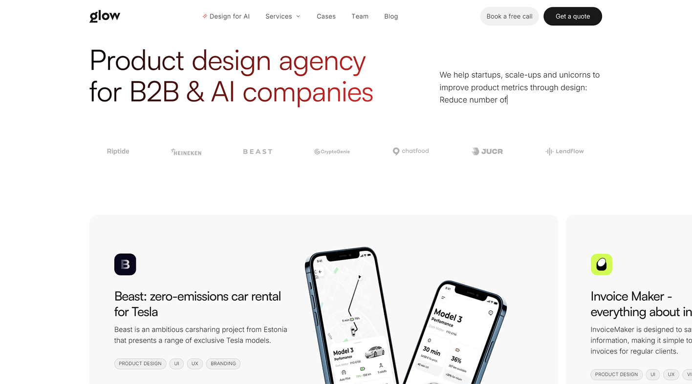 Website showcasing top UX design agencies of 2025, featuring pricing and strategies for digital product design.
