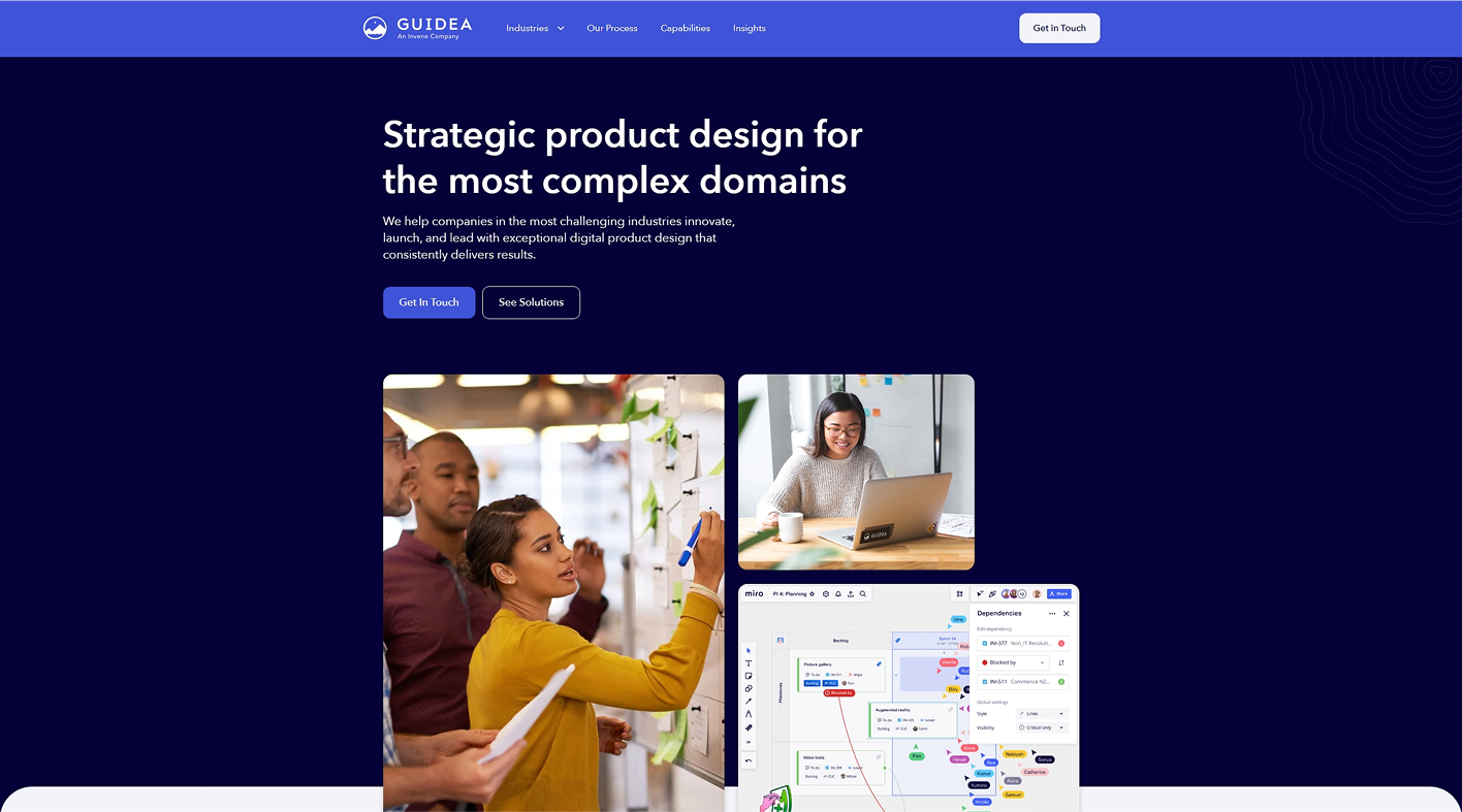 Website homepage featuring a blue background, highlighting top UX design agencies and ANODA's offerings for 2025.