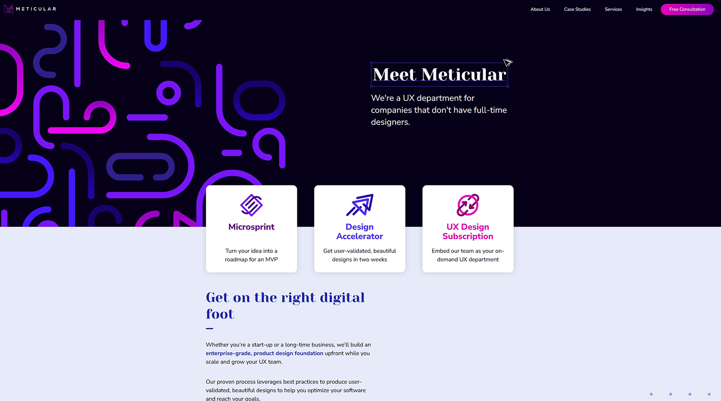 Illustration of a contemporary website layout emphasizing UX design agencies, pricing, and research-driven digital solutions.