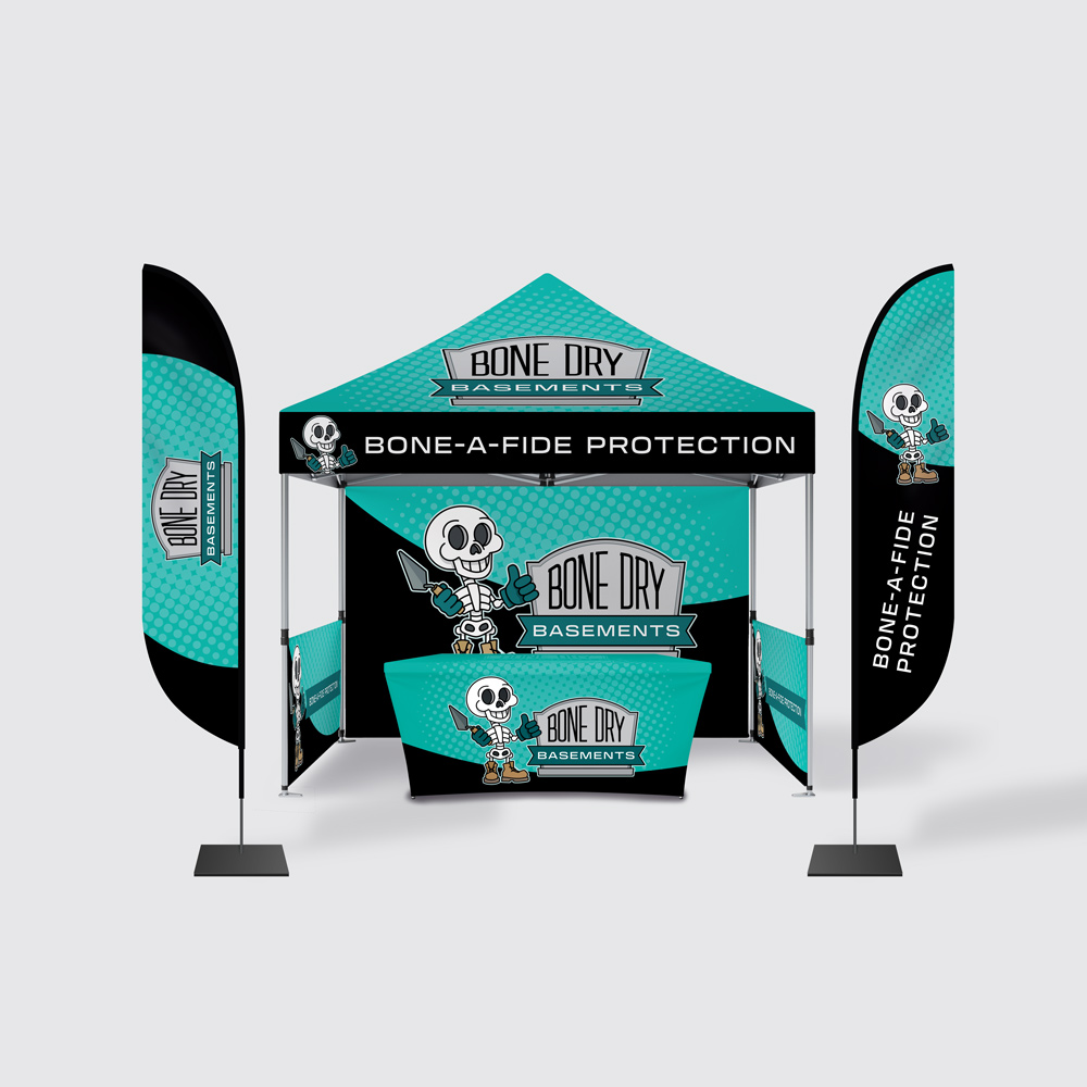 Custom branded outdoor trade show print bundle. Includes an event tent, stretch table cover, and two feather flags.
