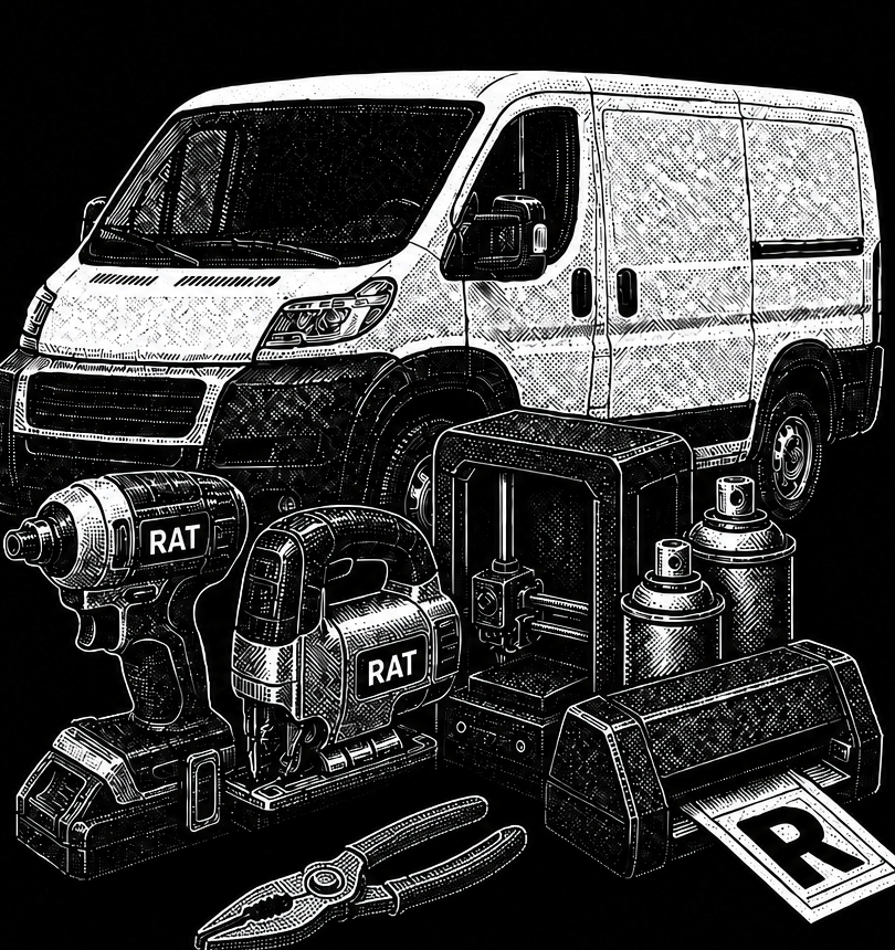 Standard-top ProMaster van with a tight pile of RAT-lettered tools: impact driver, jigsaw, spray cans, 3D printer, plotter, and combination pliers.