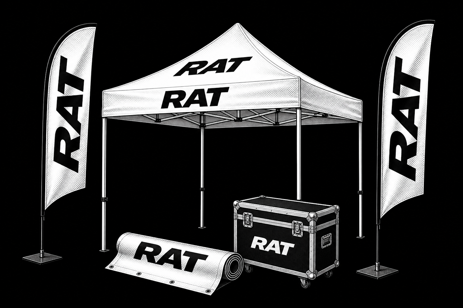 RAT tent, feather flags, banner, and one road case.