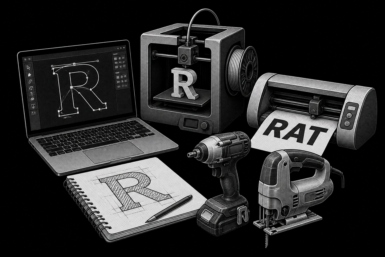 Laptop, sketch, 3D printer, plotter, impact driver and jigsaw for graphic design, concepts, and prototyping.