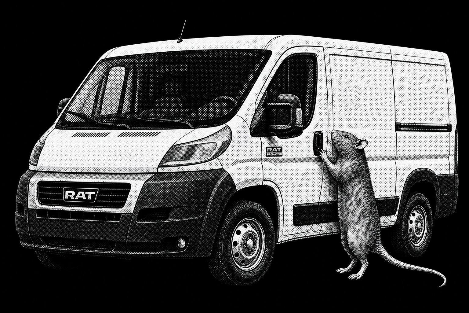 Three-quarter ProMaster with RAT grille badge and a rat standing at the door handle.