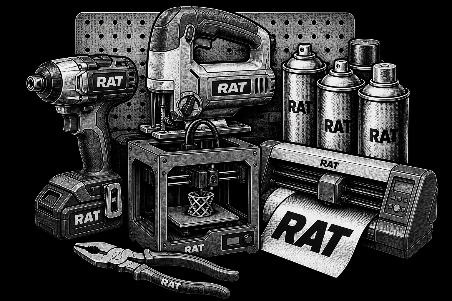 RAT-lettered tools, 3D printer, plotter, and spray cans.