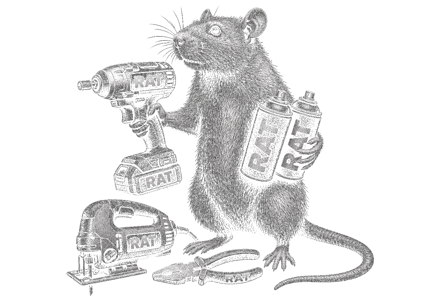 Rat standing on hind legs holding a RAT impact driver and spray cans.
