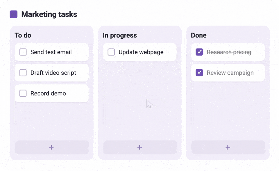 Animated demo of a Board view, the kanban feature in GQueues. A cursor drags a task card from To Do to Done and checks it off.