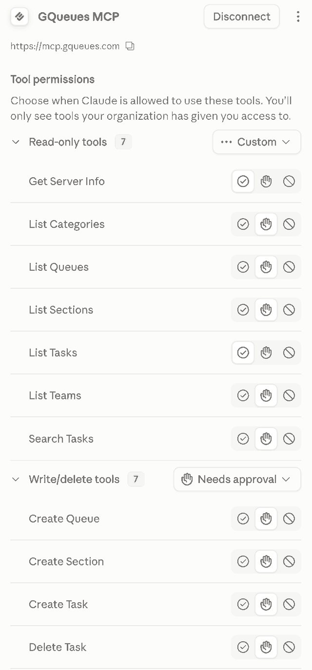 Claude's tool permissions screen for the GQueues MCP, listing read-only tools such as List Queues and List Tasks with allow, ask and block controls
