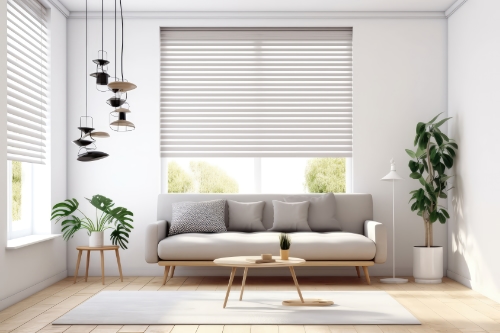 Modern white room with blinds, sofa, and plants.