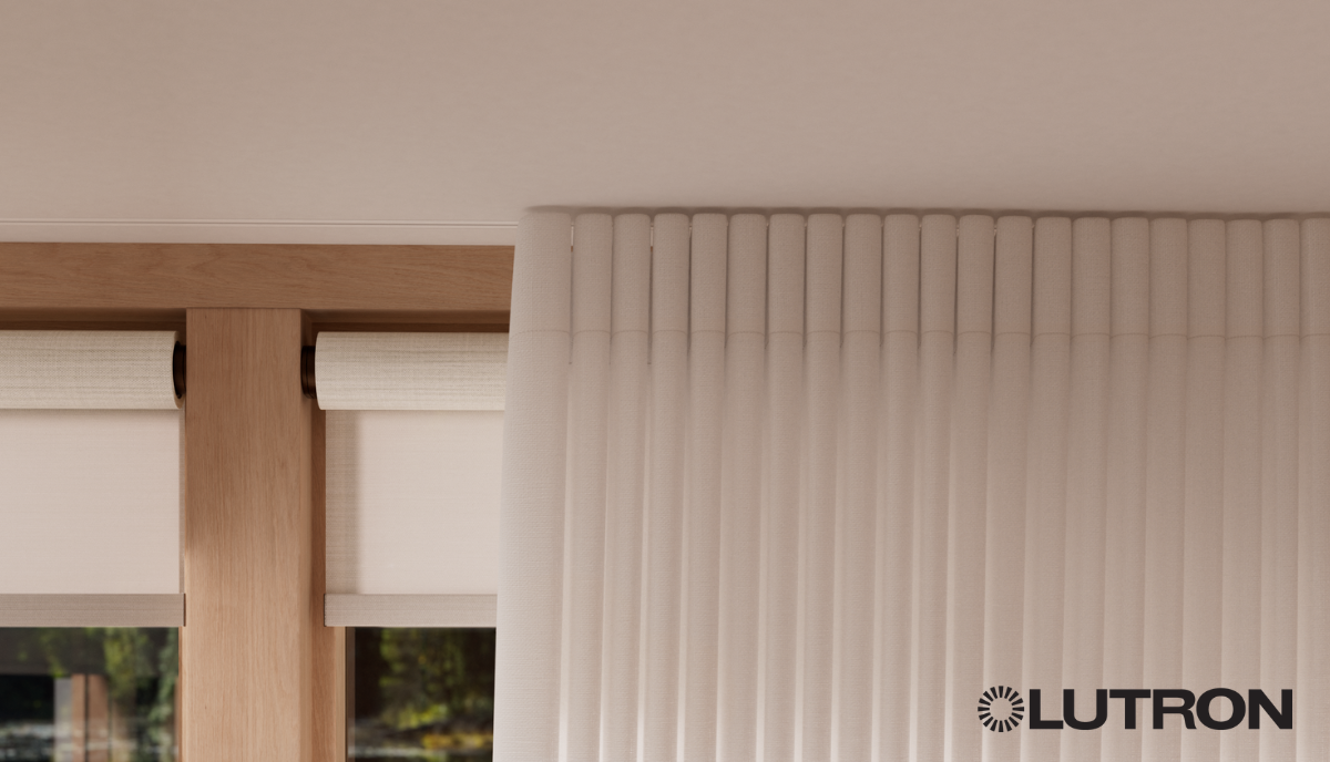 White drapes and side panels with Lutron logo