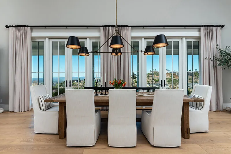 Dining room with white drapes, Santa Rosa view.