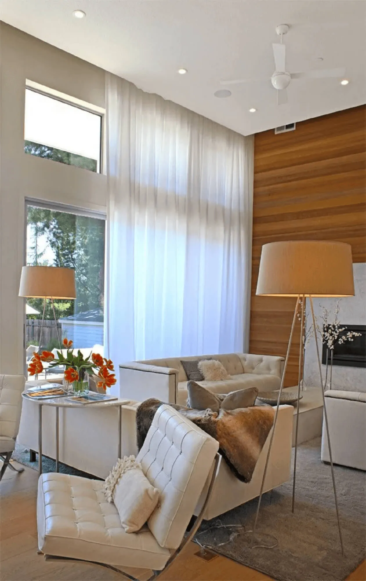 Modern living room with sheer drapes, Santa Rosa, California.
