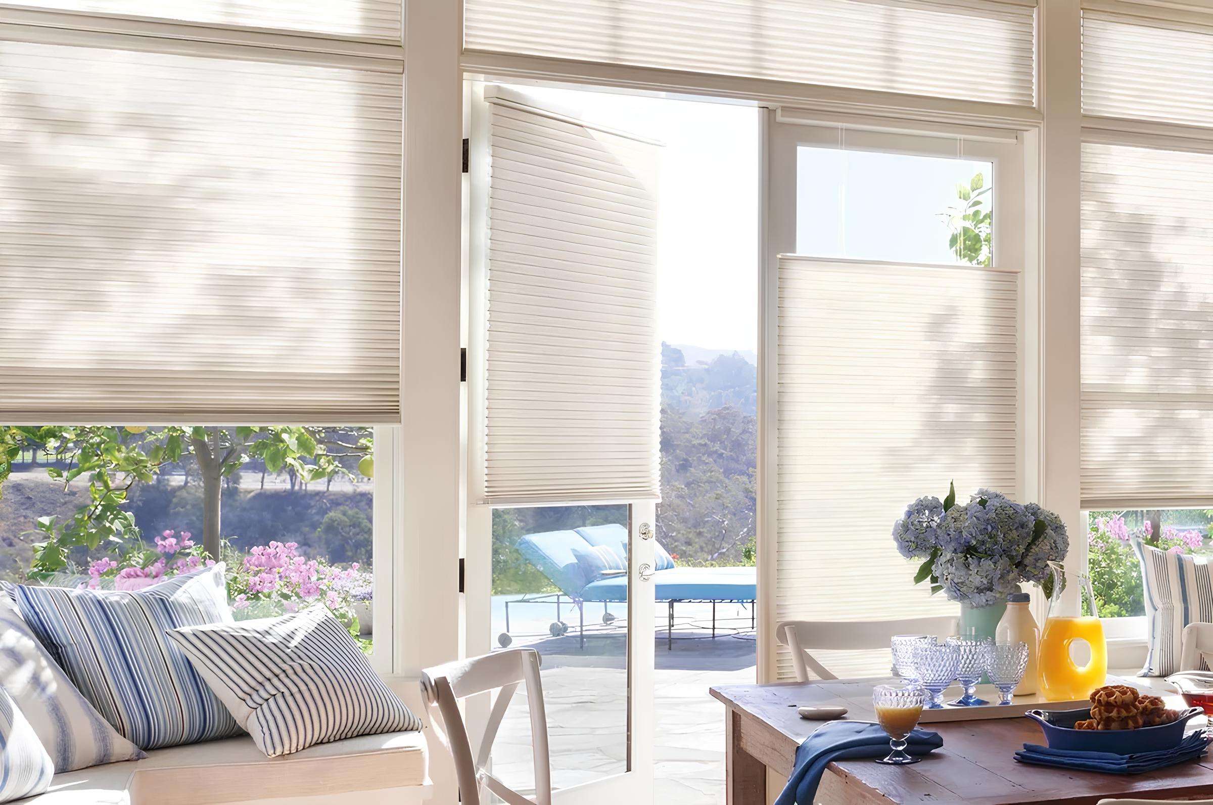 Interior with open door, cellular honeycomb shades, outdoor view, Santa Rosa.
